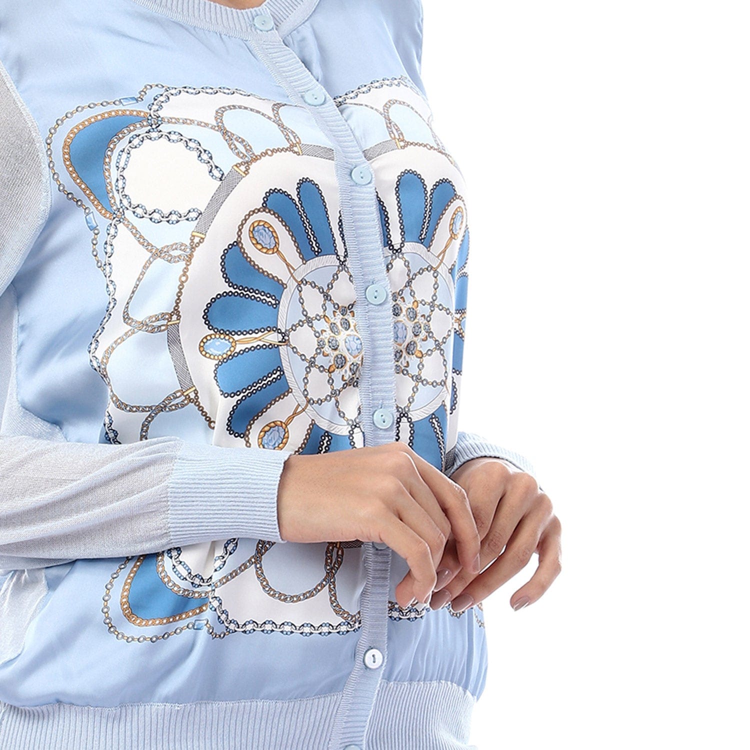 داليدرس كارديجان قصير منقوش بسحاب كم طويل نسائي أزرق فاتح