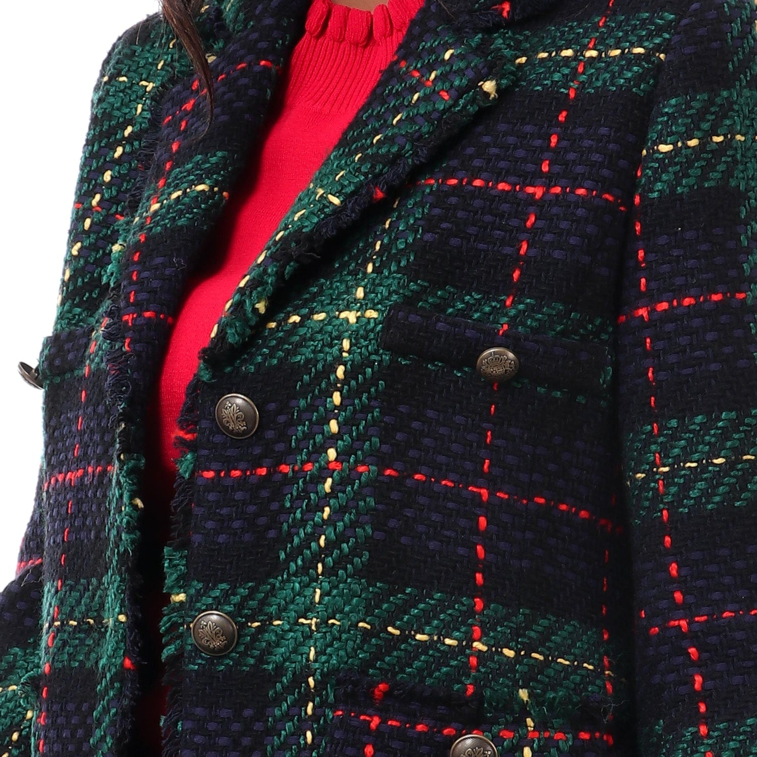 داليدرس جاكيت كاروهات بأزرار أمامية كم طويل نسائي أزرق داكن/أخضر