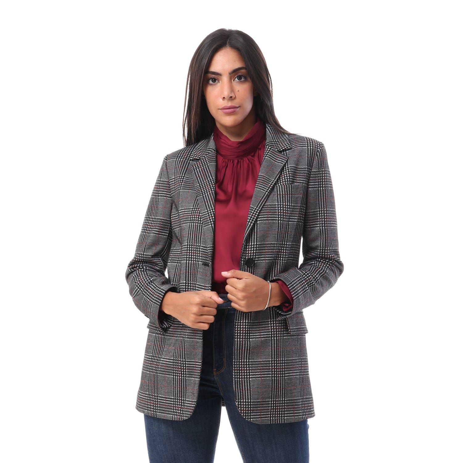 داليدرس جاكيت واسع كاروهات طويل كم طويل نسائي أسود/أبيض