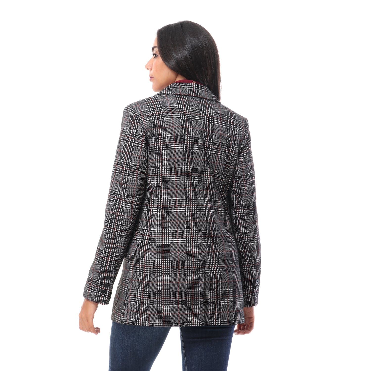 داليدرس جاكيت واسع كاروهات طويل كم طويل نسائي أسود/أبيض