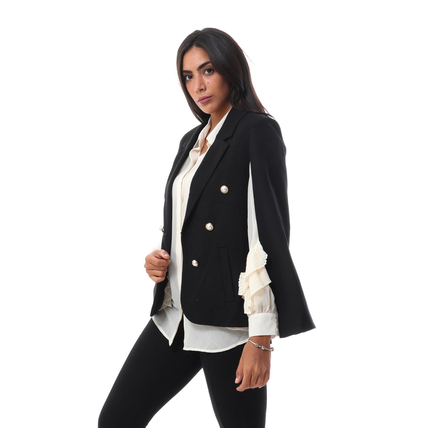 داليدرس جاكيت رسمي بأزرار أمامية كم مفتوح نسائي أسود