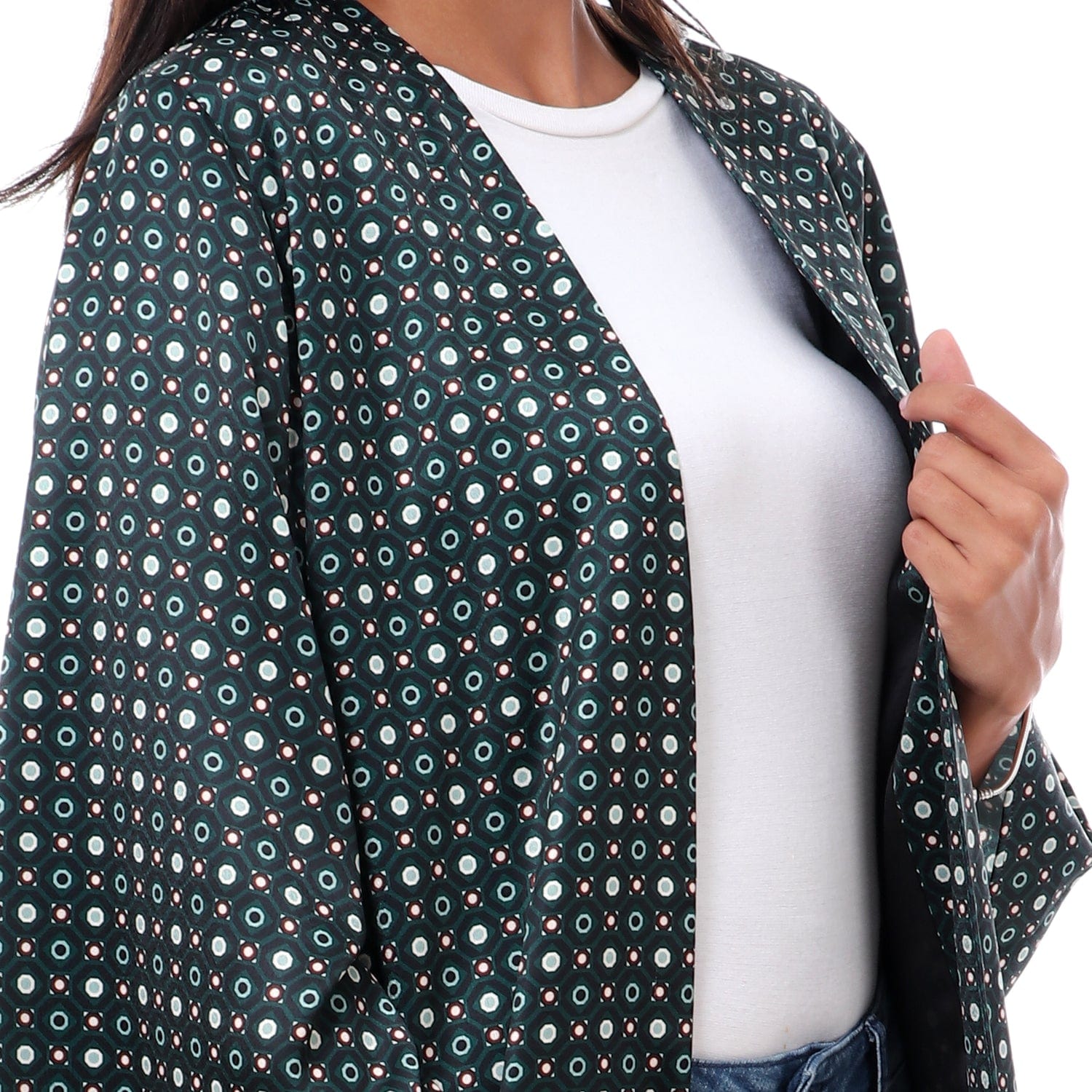 داليدرس كيمونو منقوش طويل كم طويل نسائي طباعة خضراء