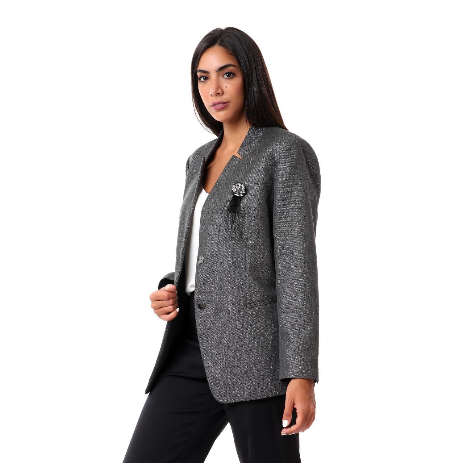 داليدرس جاكيت قصير بأزرار أمامية كم طويل رمادي