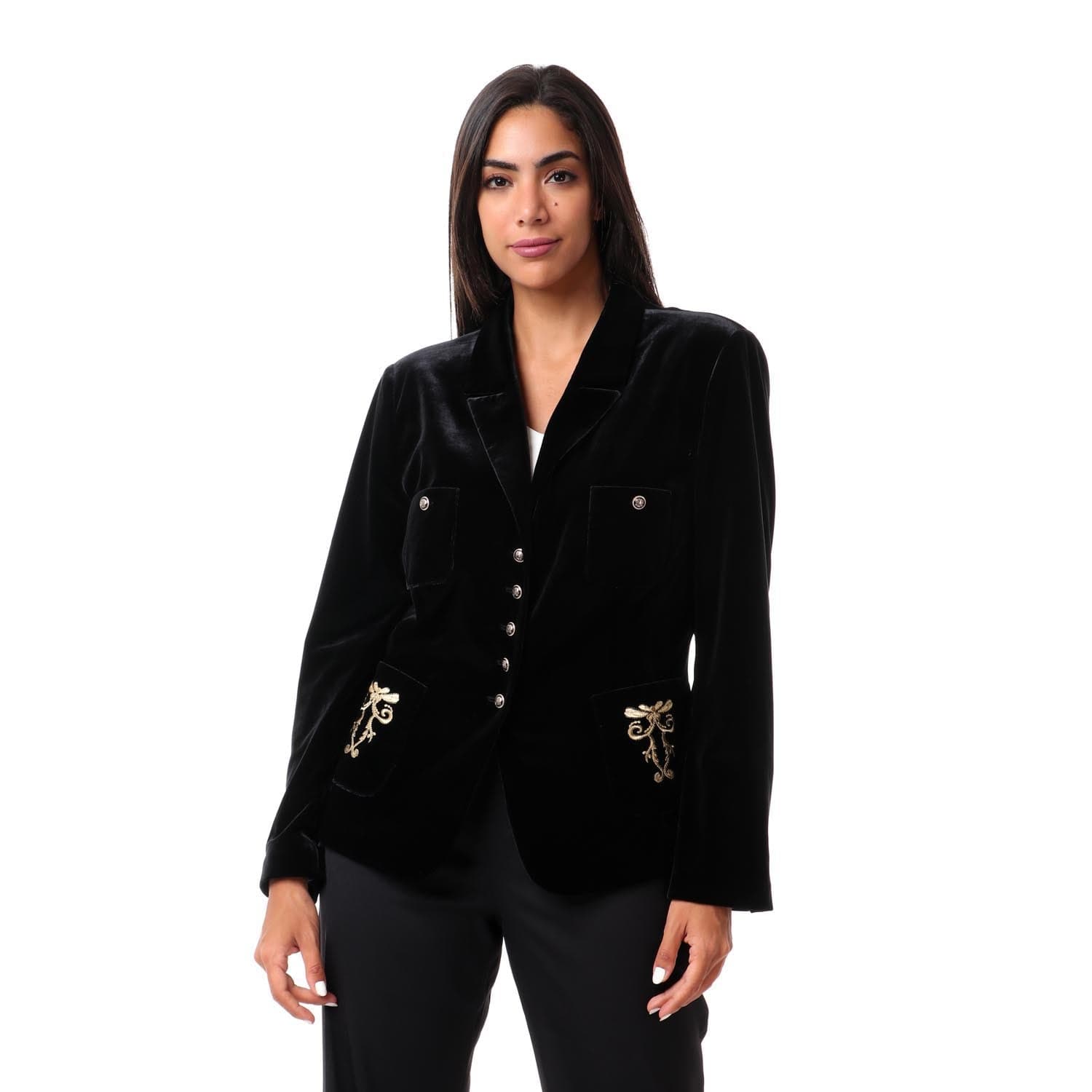 داليدرس جاكيت سادة كم طويل مزين بالفرو أسود