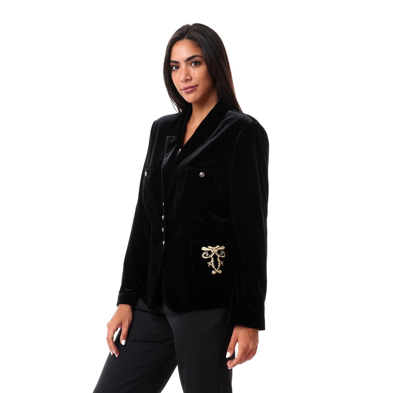 داليدرس جاكيت سادة كم طويل مزين بالفرو أسود