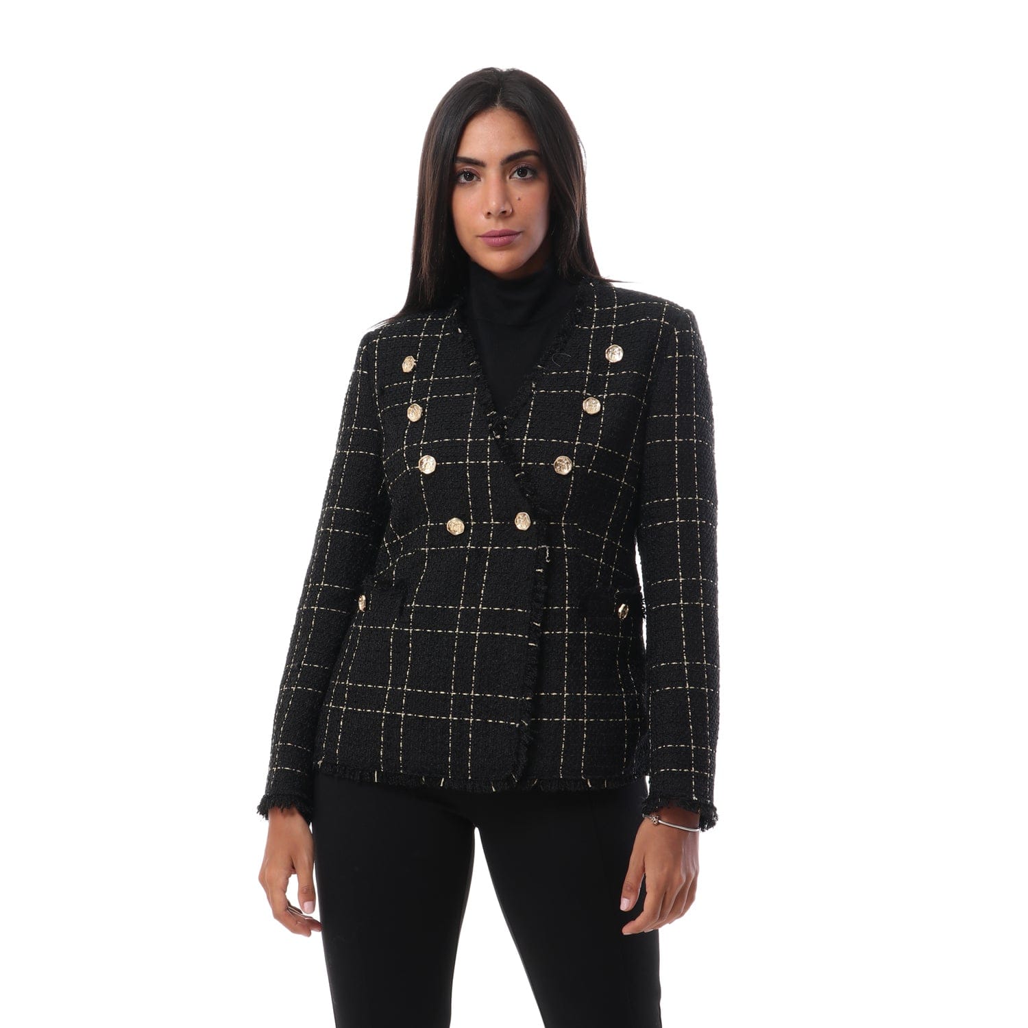 داليدرس جاكيت مربعات بأزرار أمامية ذهبية كم طويل نسائي أسود/ذهبي