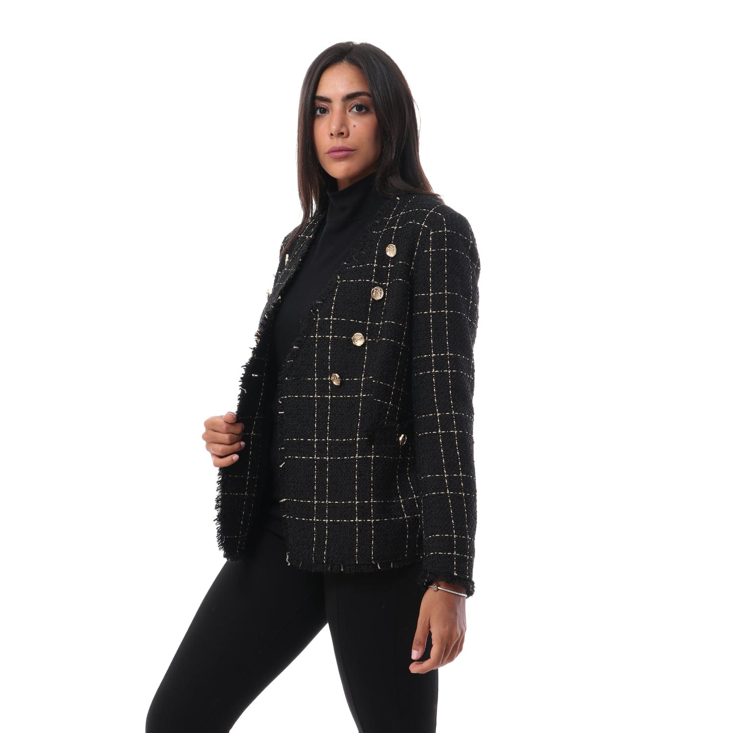 داليدرس جاكيت مربعات بأزرار أمامية ذهبية كم طويل نسائي أسود/ذهبي