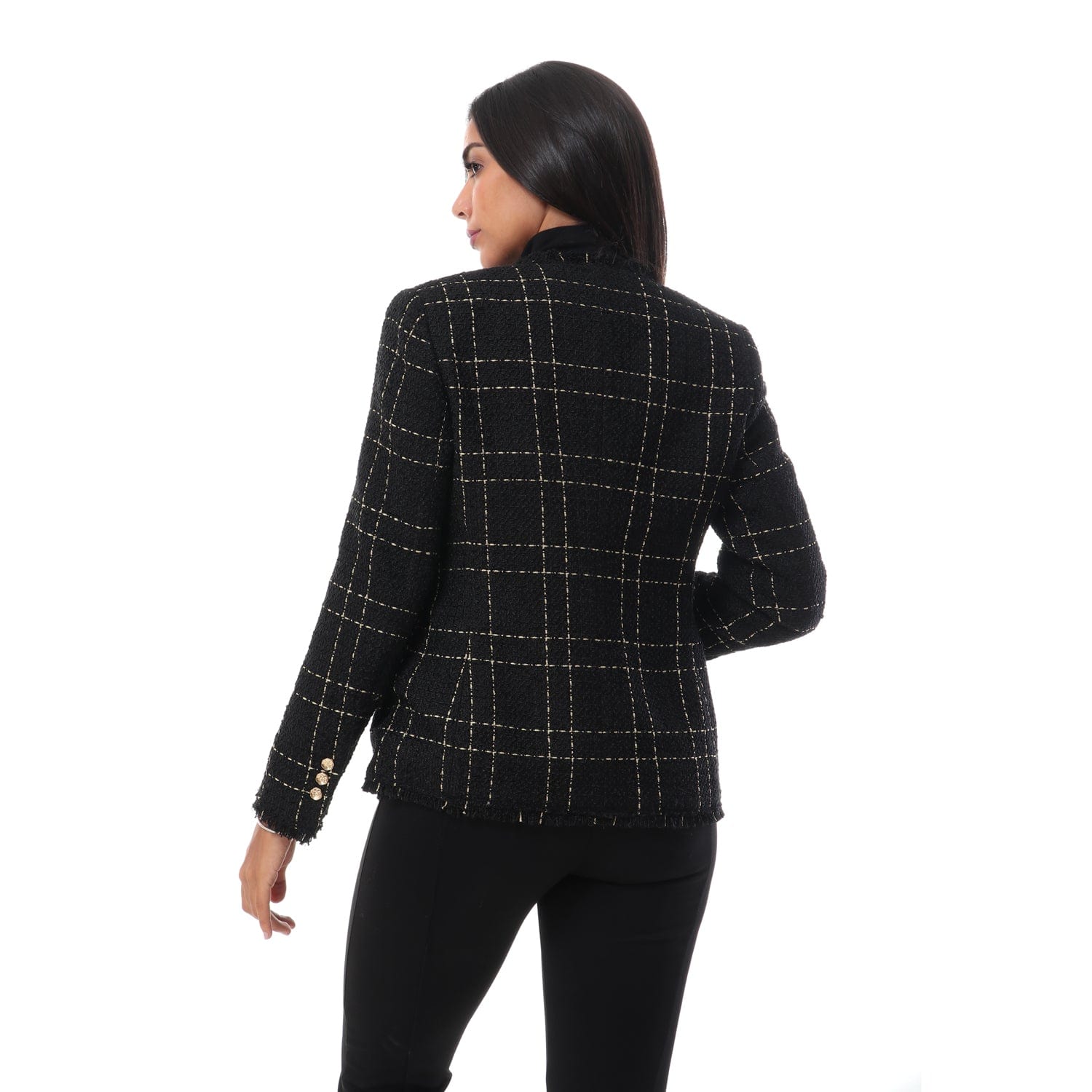 داليدرس جاكيت مربعات بأزرار أمامية ذهبية كم طويل نسائي أسود/ذهبي