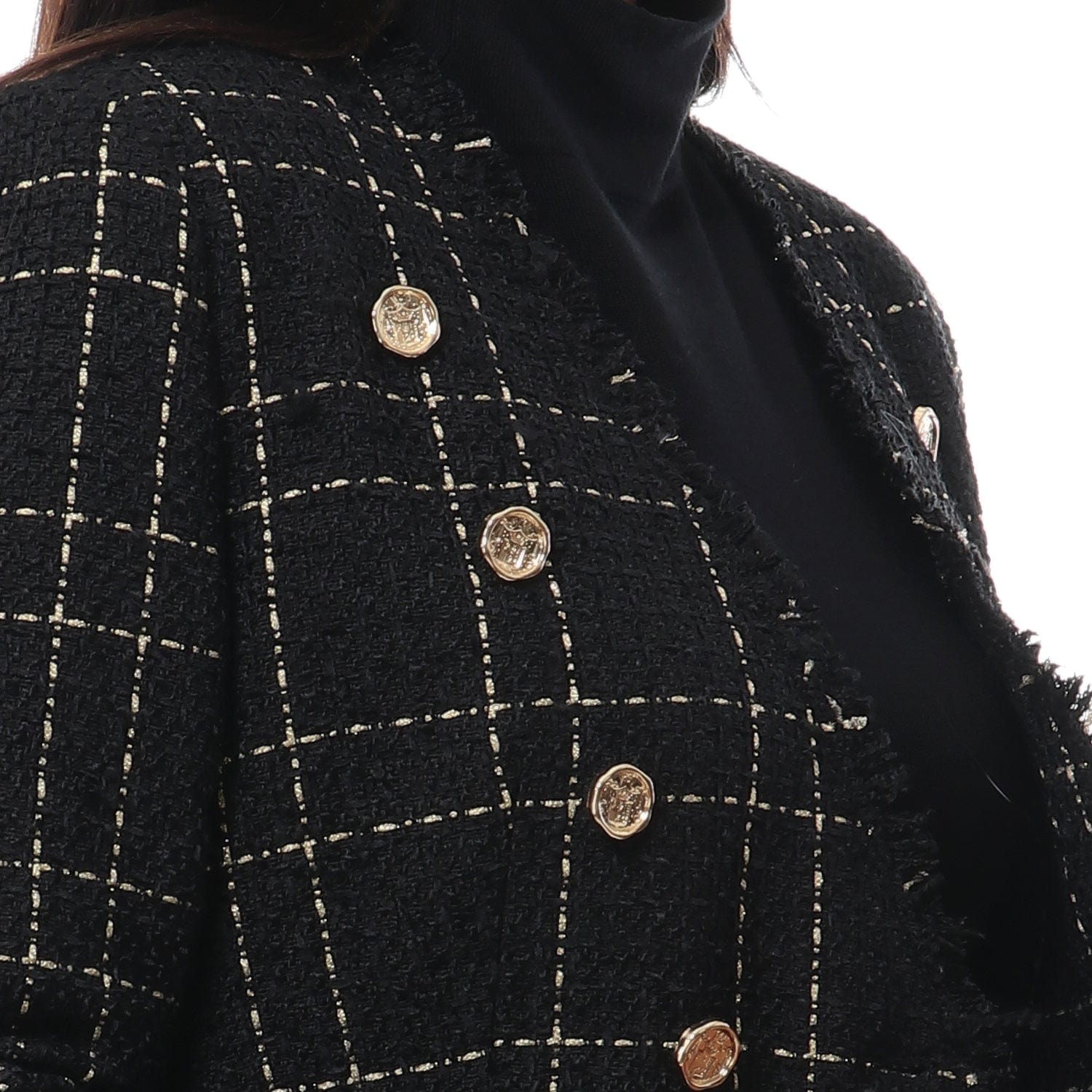 داليدرس جاكيت مربعات بأزرار أمامية ذهبية كم طويل نسائي أسود/ذهبي