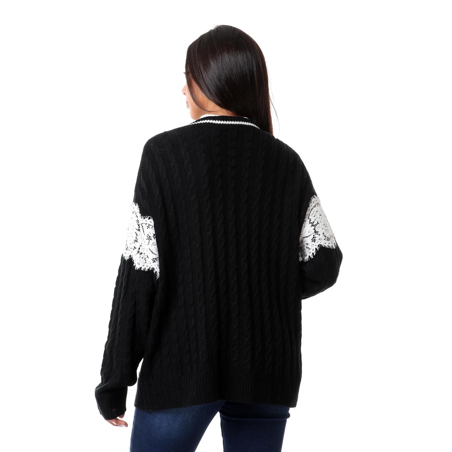 داليدرس كارديجان طويل مضفر كم طويل بأزرار أمامية أسود/أبيض