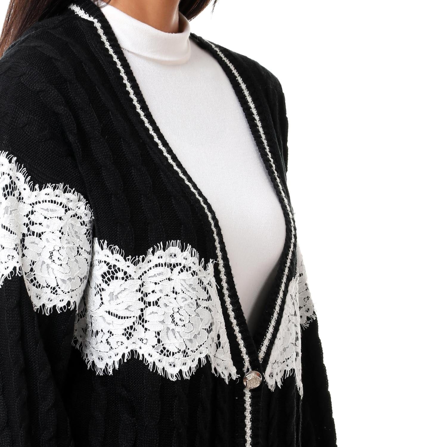 داليدرس كارديجان طويل مضفر كم طويل بأزرار أمامية أسود/أبيض