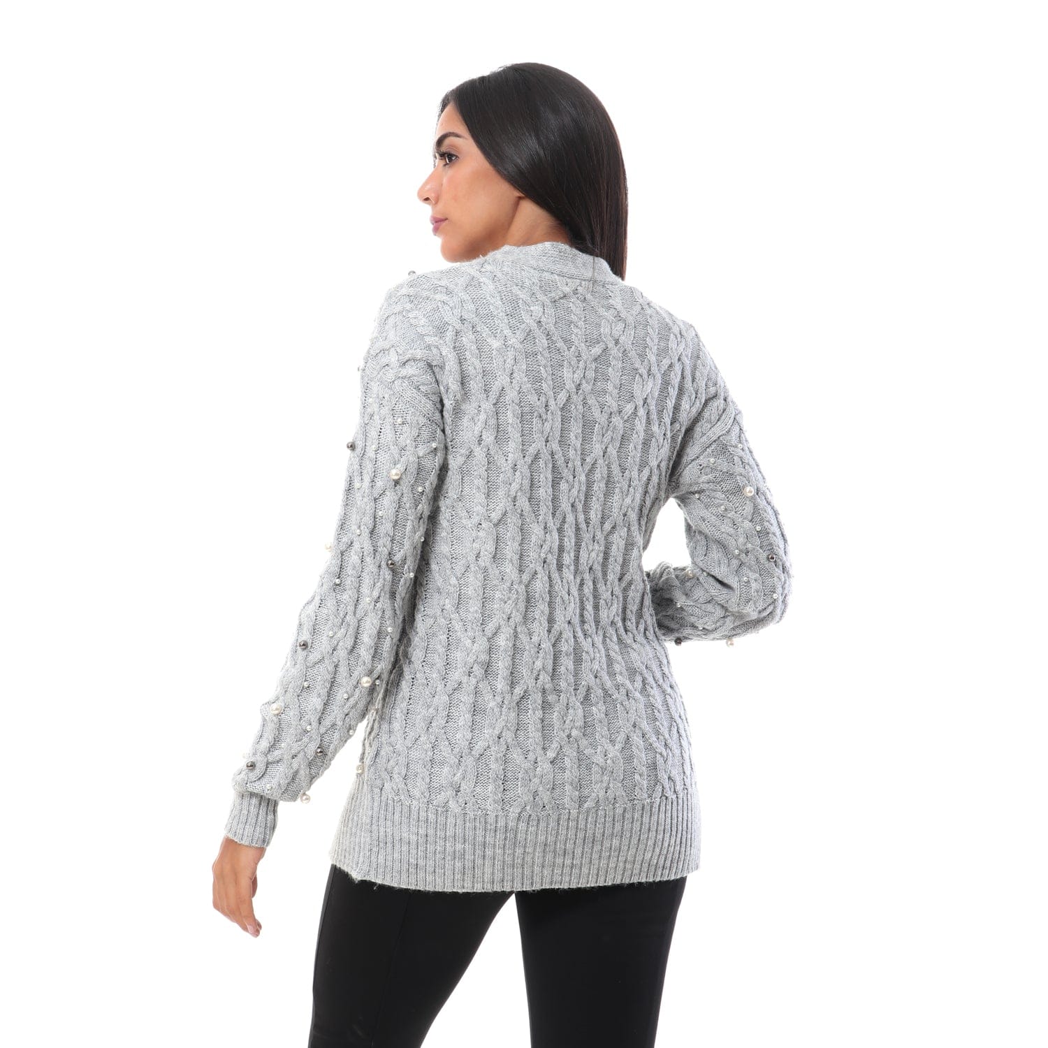 داليدرس كارديجان مضفر مزين باللؤلؤ نسائي رمادي