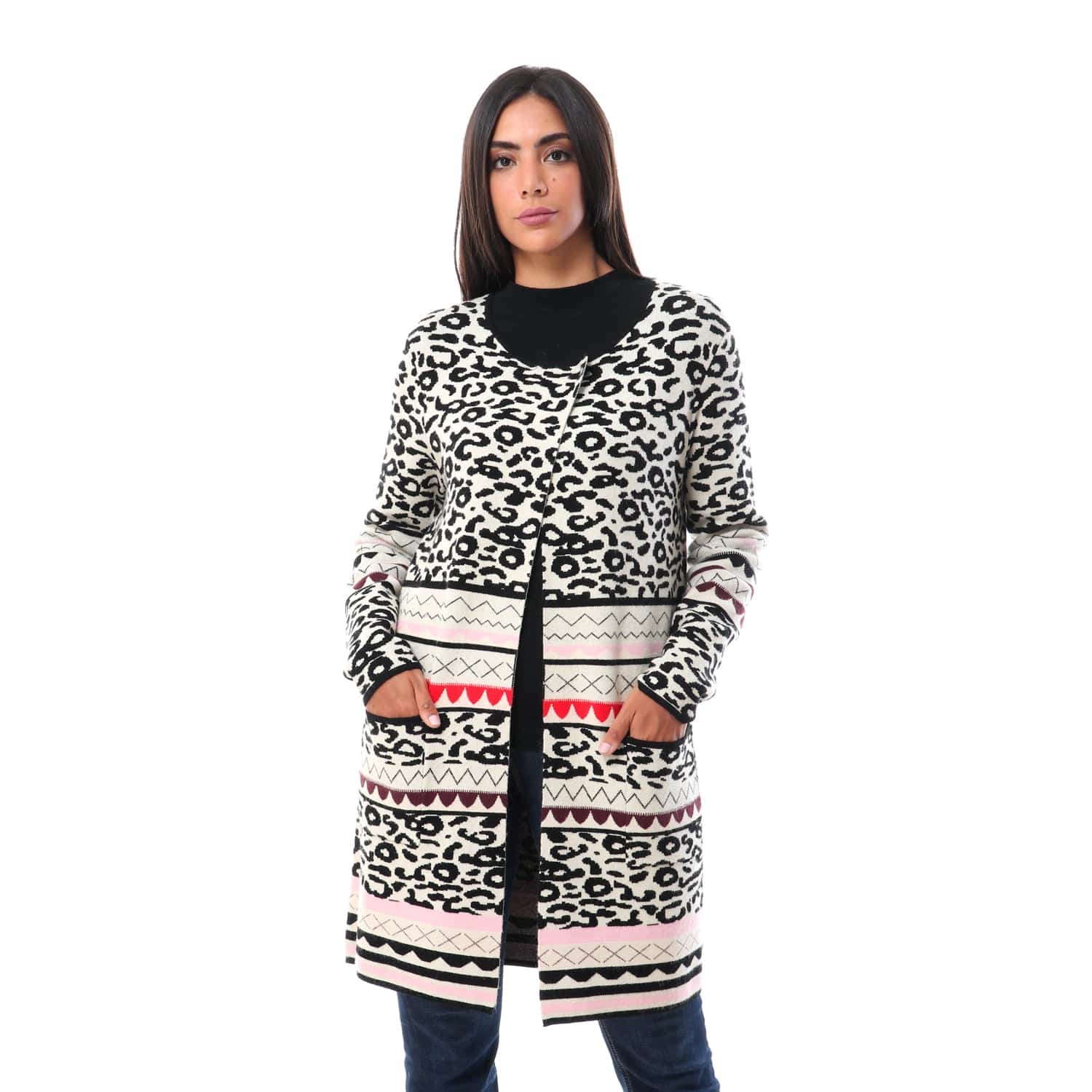 داليدرس كارديجان طويل منقوش بجيوب كم طويل نسائي متعدد الألوان