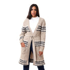 داليدرس كارديجان طويل بنمط ورباط على الخصر كم طويل أوف وايت/أسود