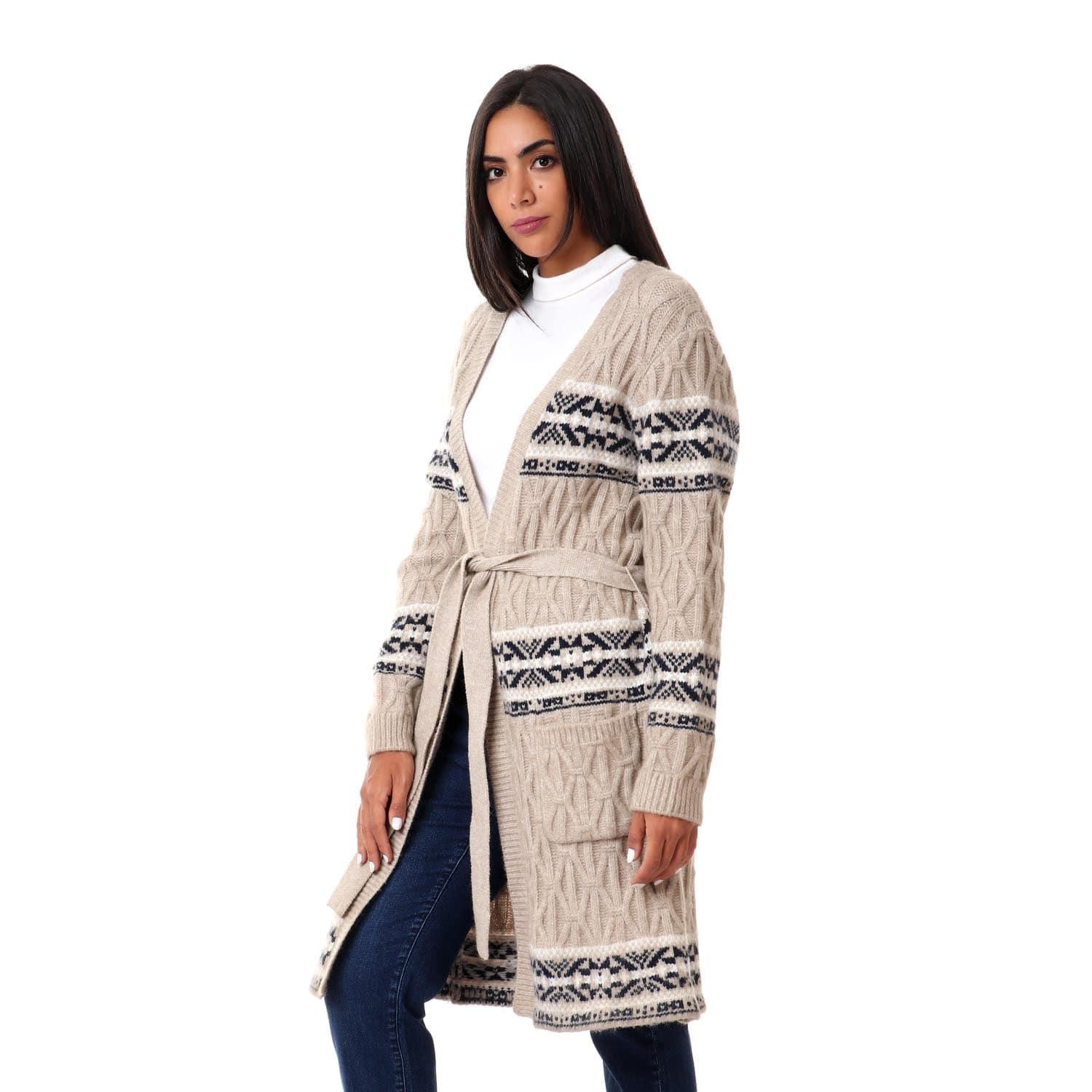 داليدرس كارديجان طويل بنمط ورباط على الخصر كم طويل أوف وايت/أسود