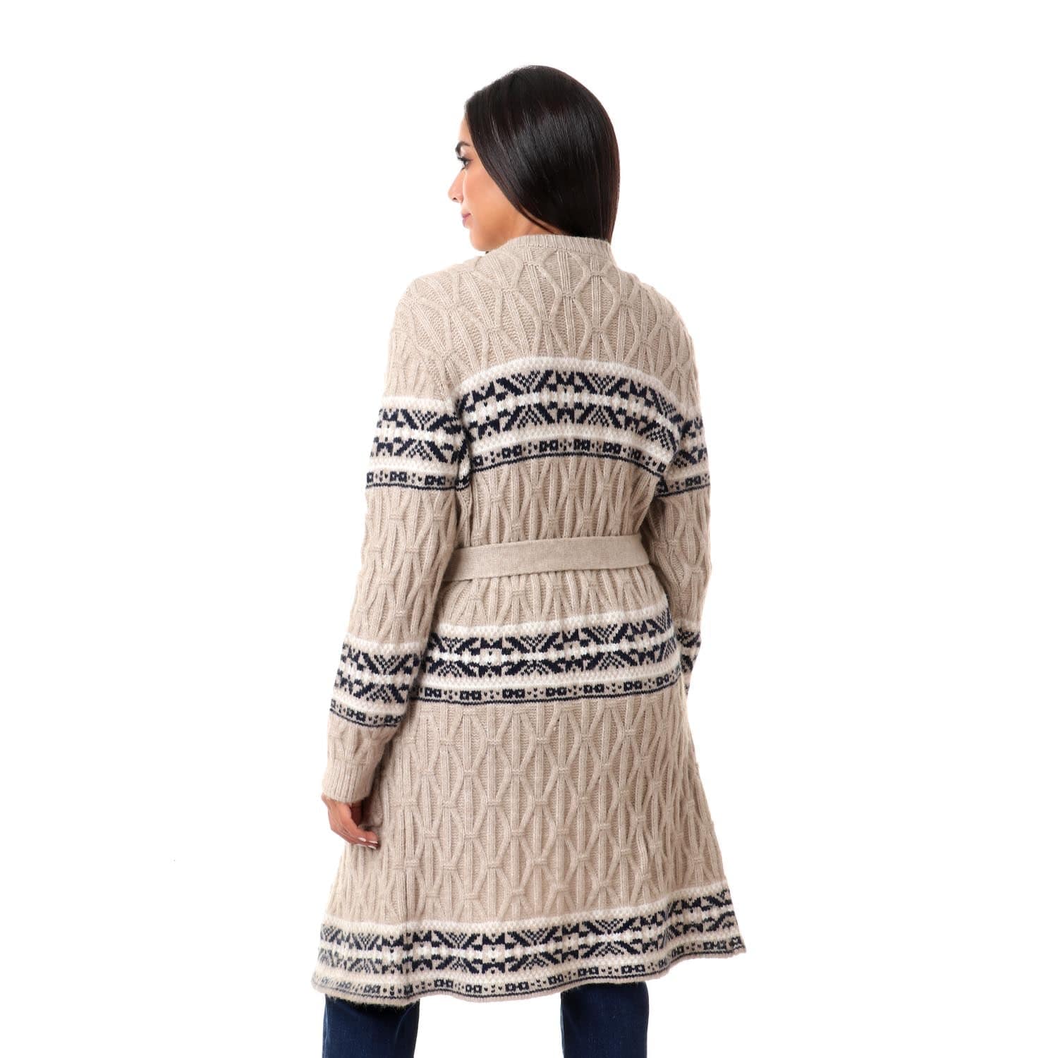 داليدرس كارديجان طويل بنمط ورباط على الخصر كم طويل أوف وايت/أسود