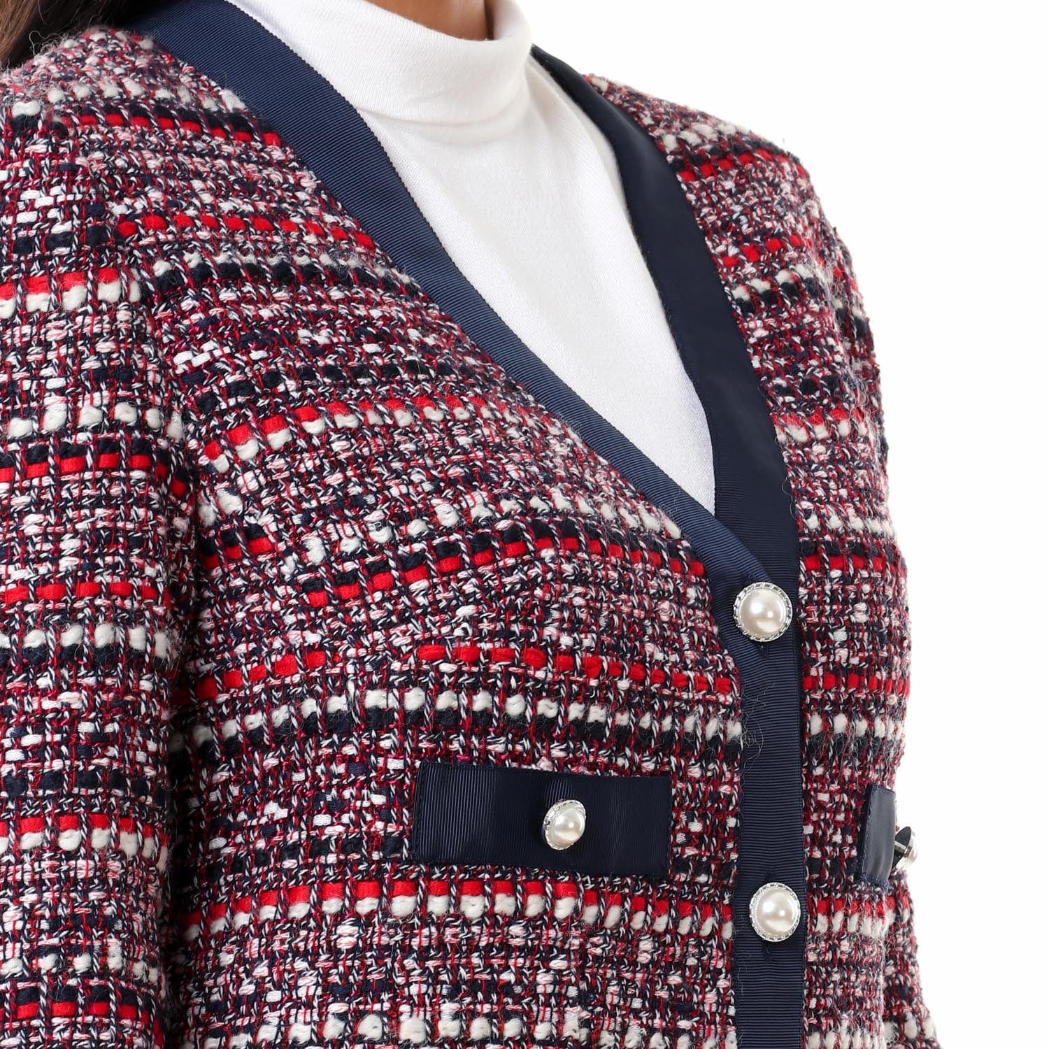 داليدرس جاكيت بأزرار أمامية كم طويل نسائي كحلي/أحمر