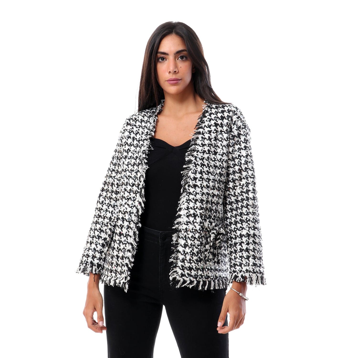 داليدرس جاكيت منقوش واسع كم طويل مفتوح نسائي أسود/أبيض