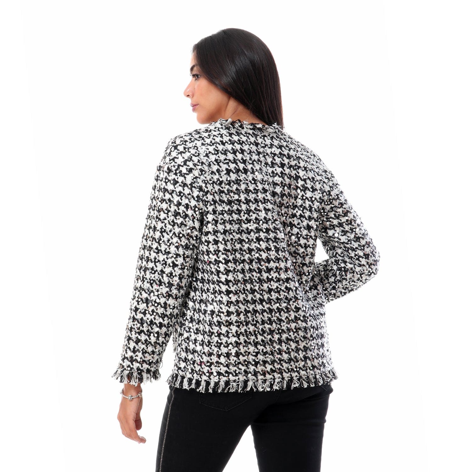 داليدرس جاكيت منقوش واسع كم طويل مفتوح نسائي أسود/أبيض