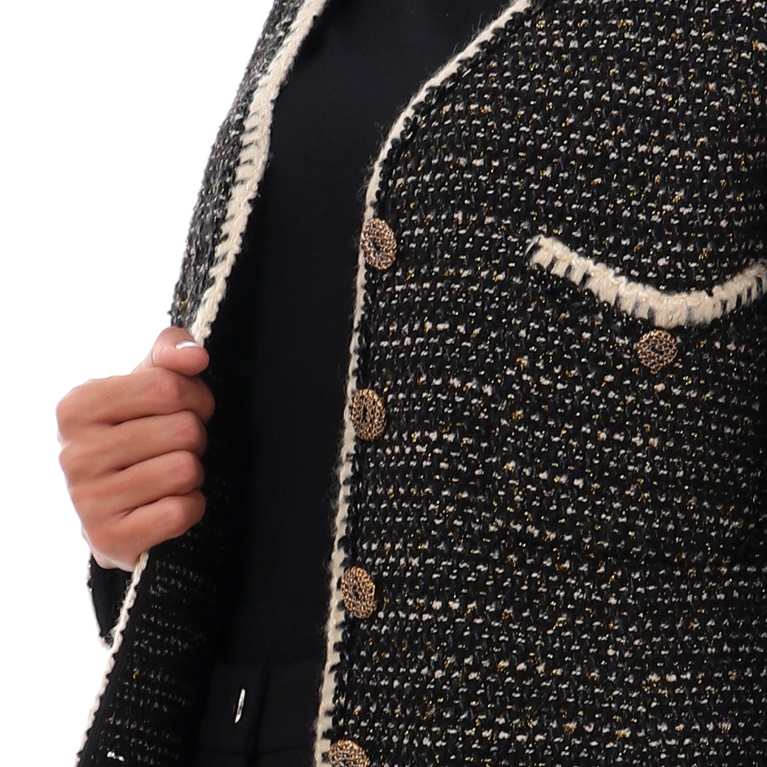 داليدرس جاكيت بخيوط متداخلة بأزرار أمامية كم طويل نسائي أسود/ذهبي