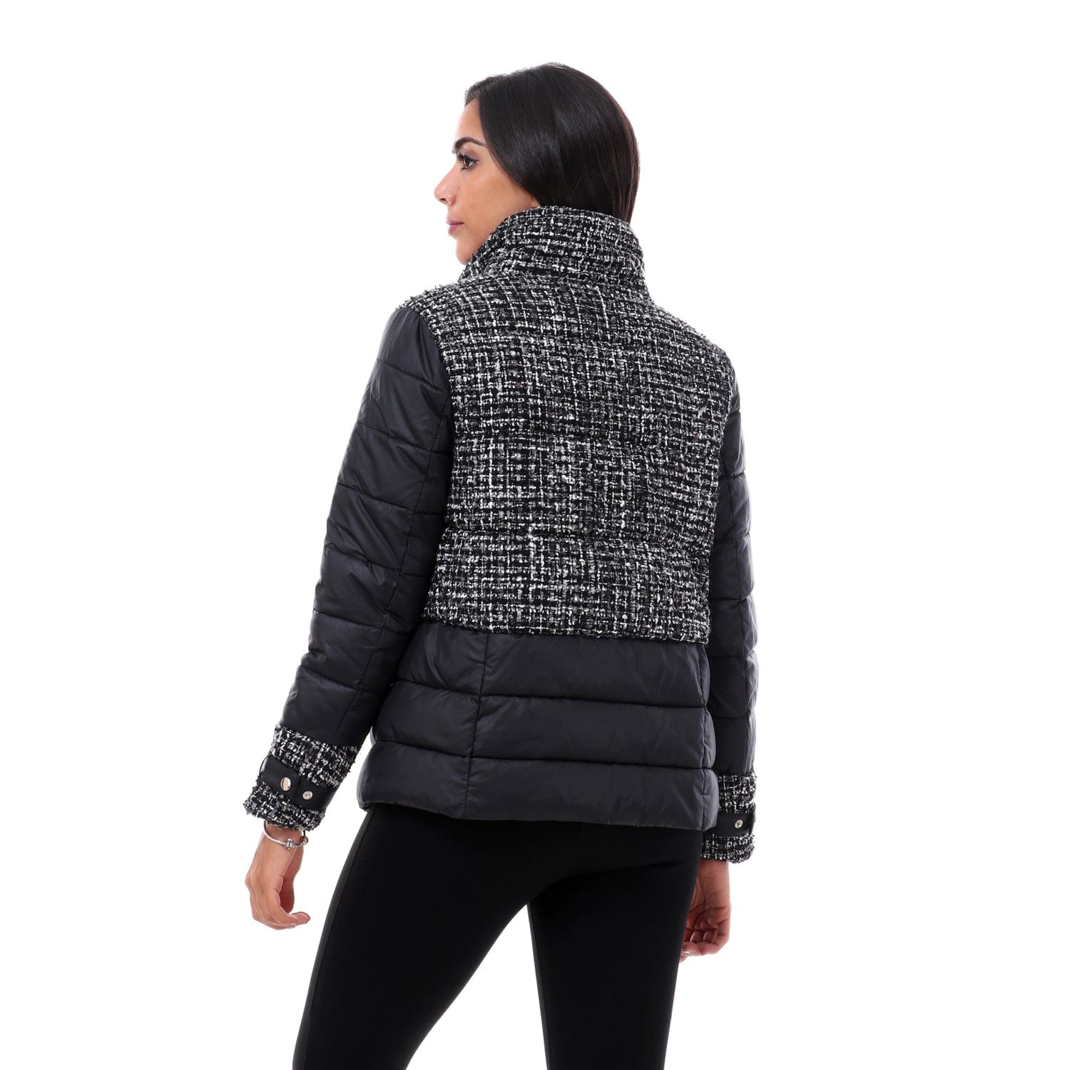 داليدرس جاكيت بمب مزين بخيط منسوج كم طويل نسائي أسود/أبيض