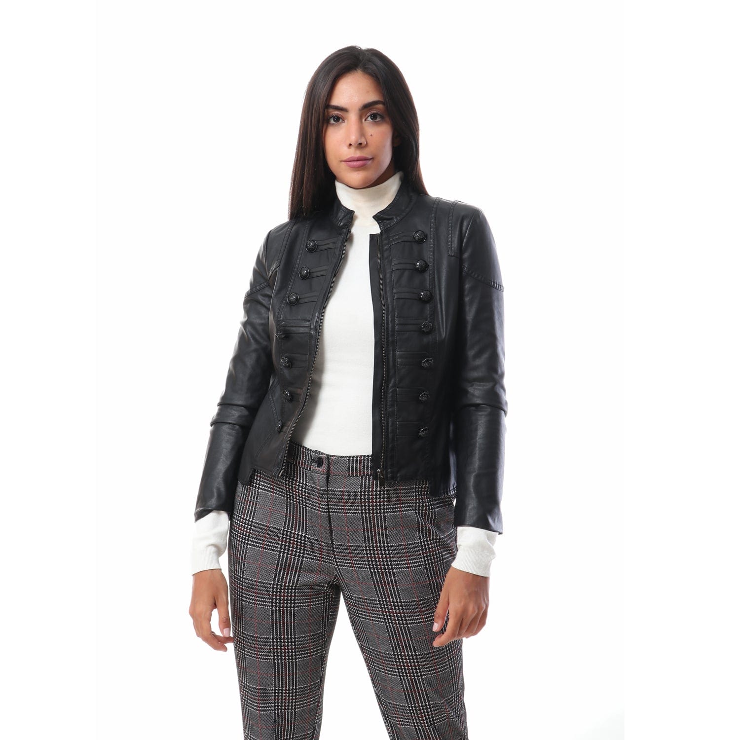 داليدرس جاكيت جلد سادة بأزرار أمامية قصير نسائي أسود