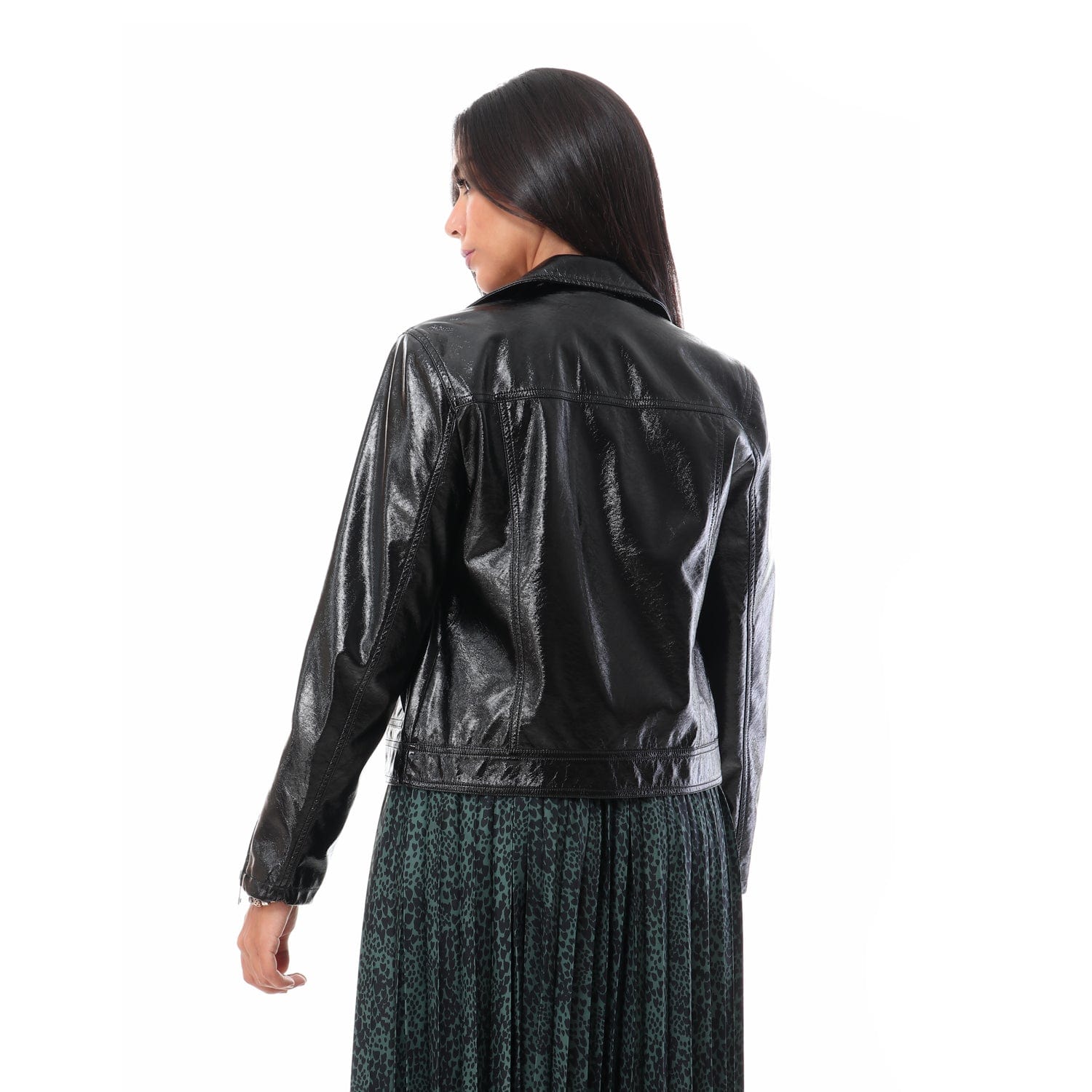 داليدرس جاكيت جلد لامع بسحابات نسائي أسود