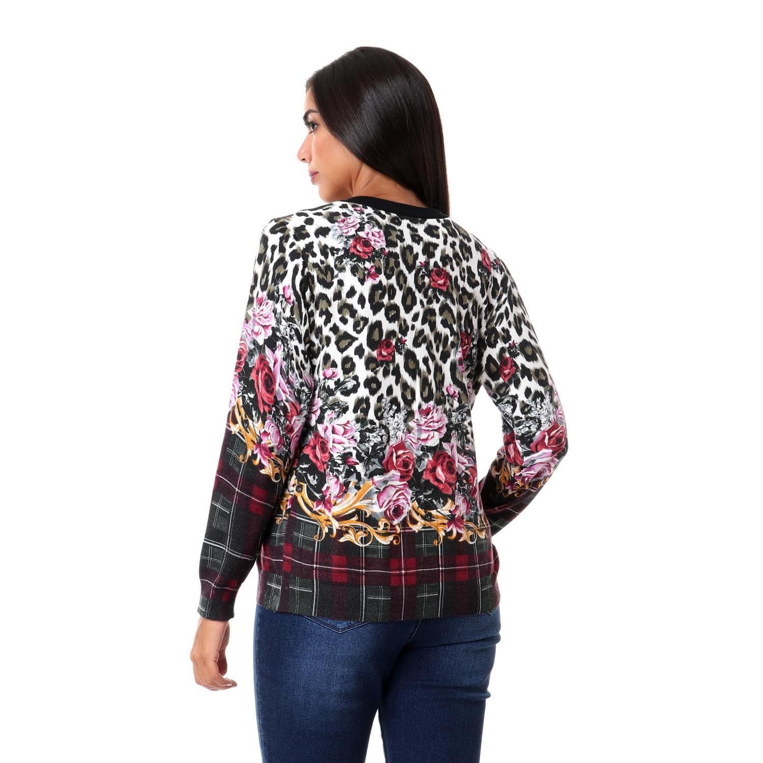 داليدرس كارديجان منقوش بنقشة ورد كم طويل نسائي متعدد الألوان