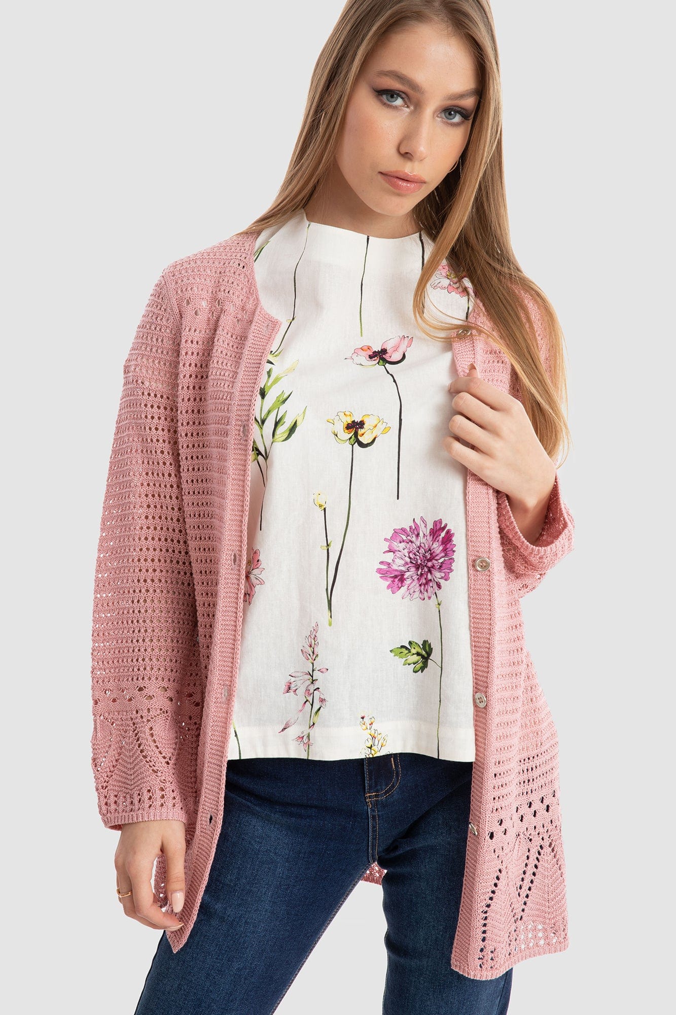 داليدرس كارديجان واسع مخرم بأزرار أمامية كم طويل نسائي