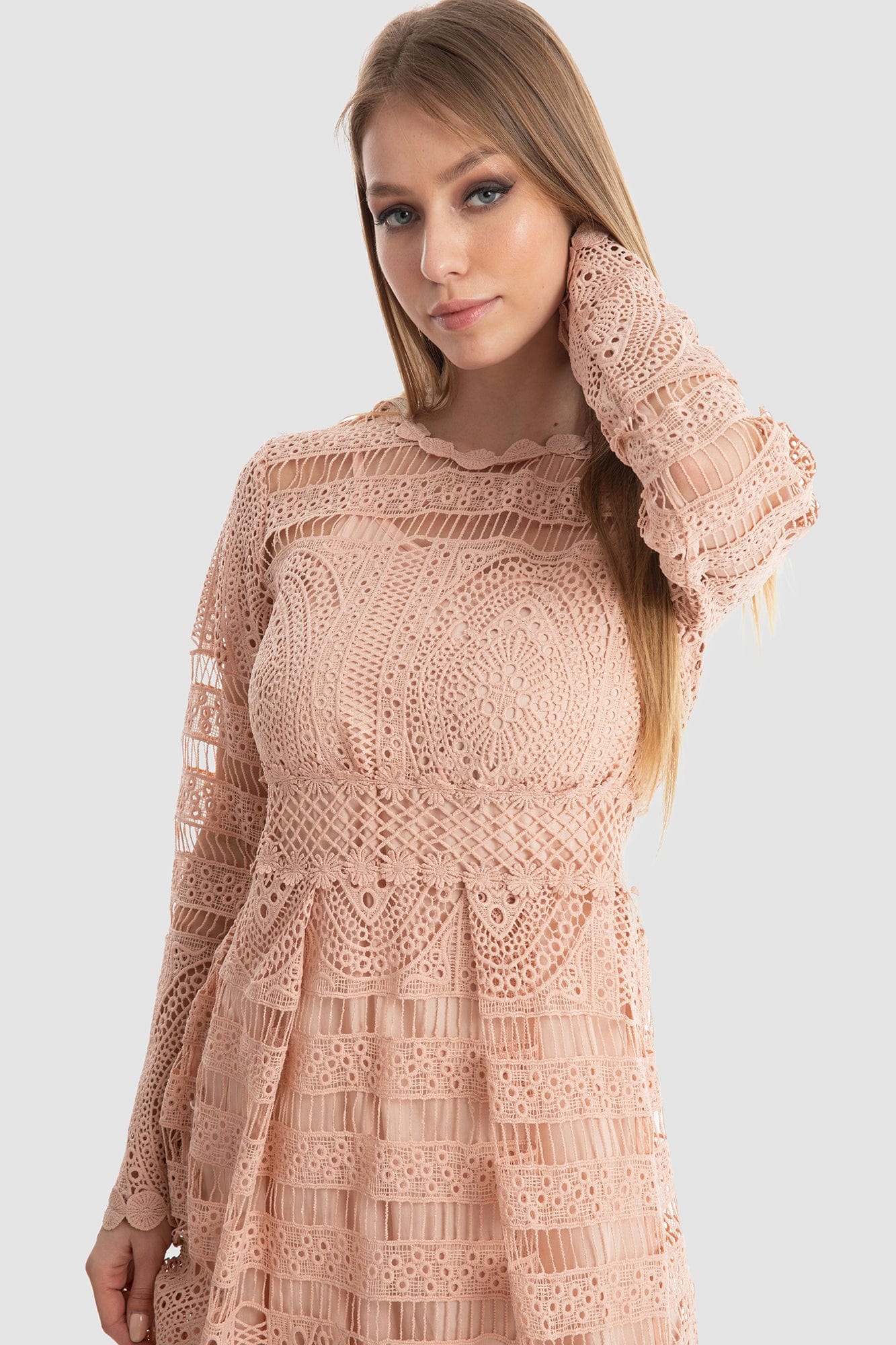 داليدرس فستان طويل دانتيل ميدي مبطن كم طويل مخصر نسائي وردي