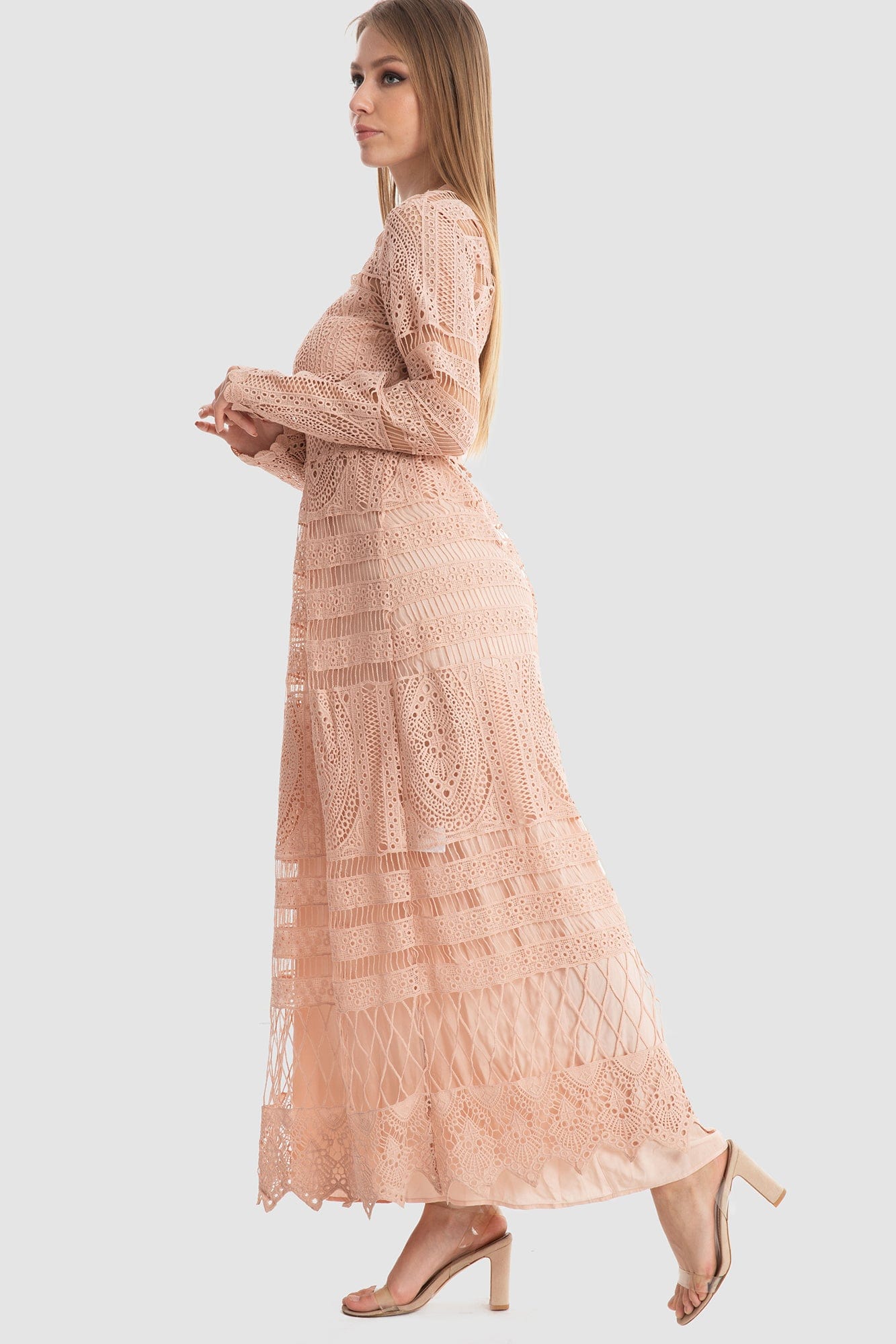 داليدرس فستان طويل دانتيل ميدي مبطن كم طويل مخصر نسائي وردي