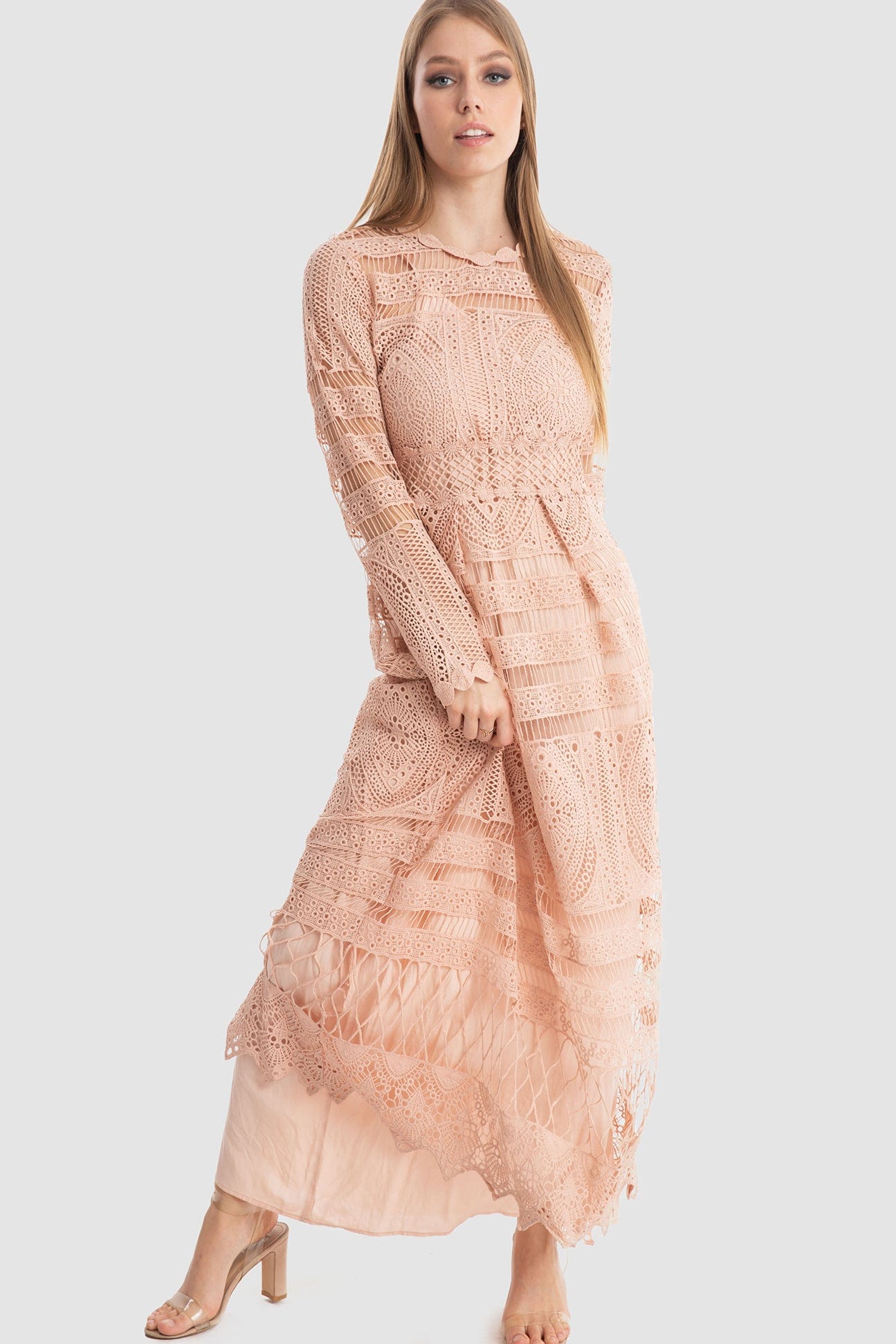 داليدرس فستان طويل دانتيل ميدي مبطن كم طويل مخصر نسائي وردي