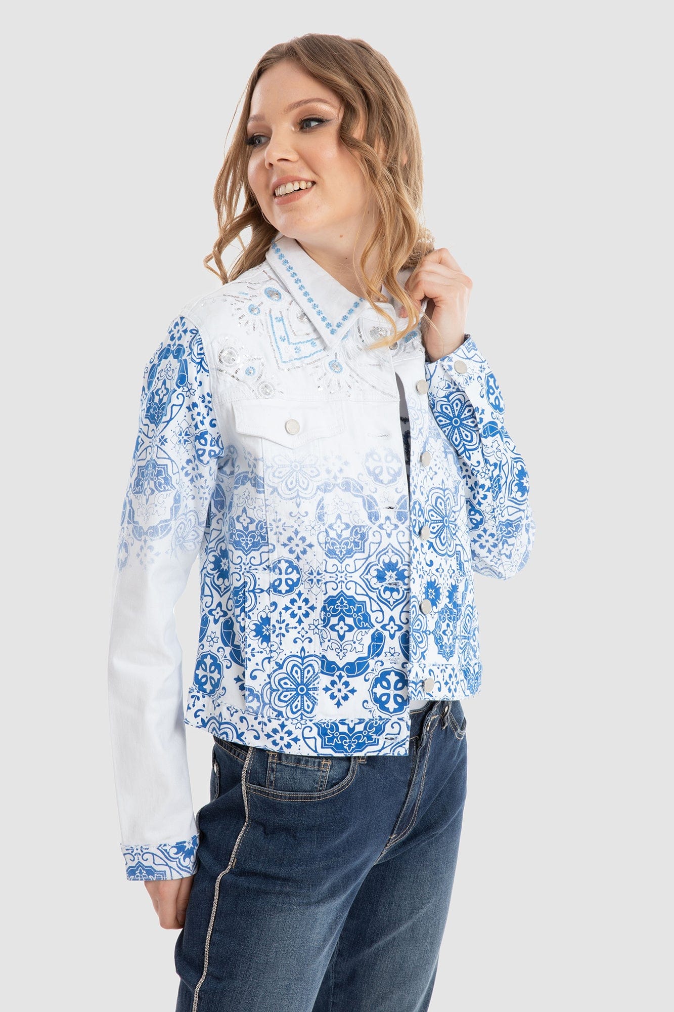 داليدرس جاكيت رسمي منقوش قصير كم طويل نسائي أزرق داكن مخضر