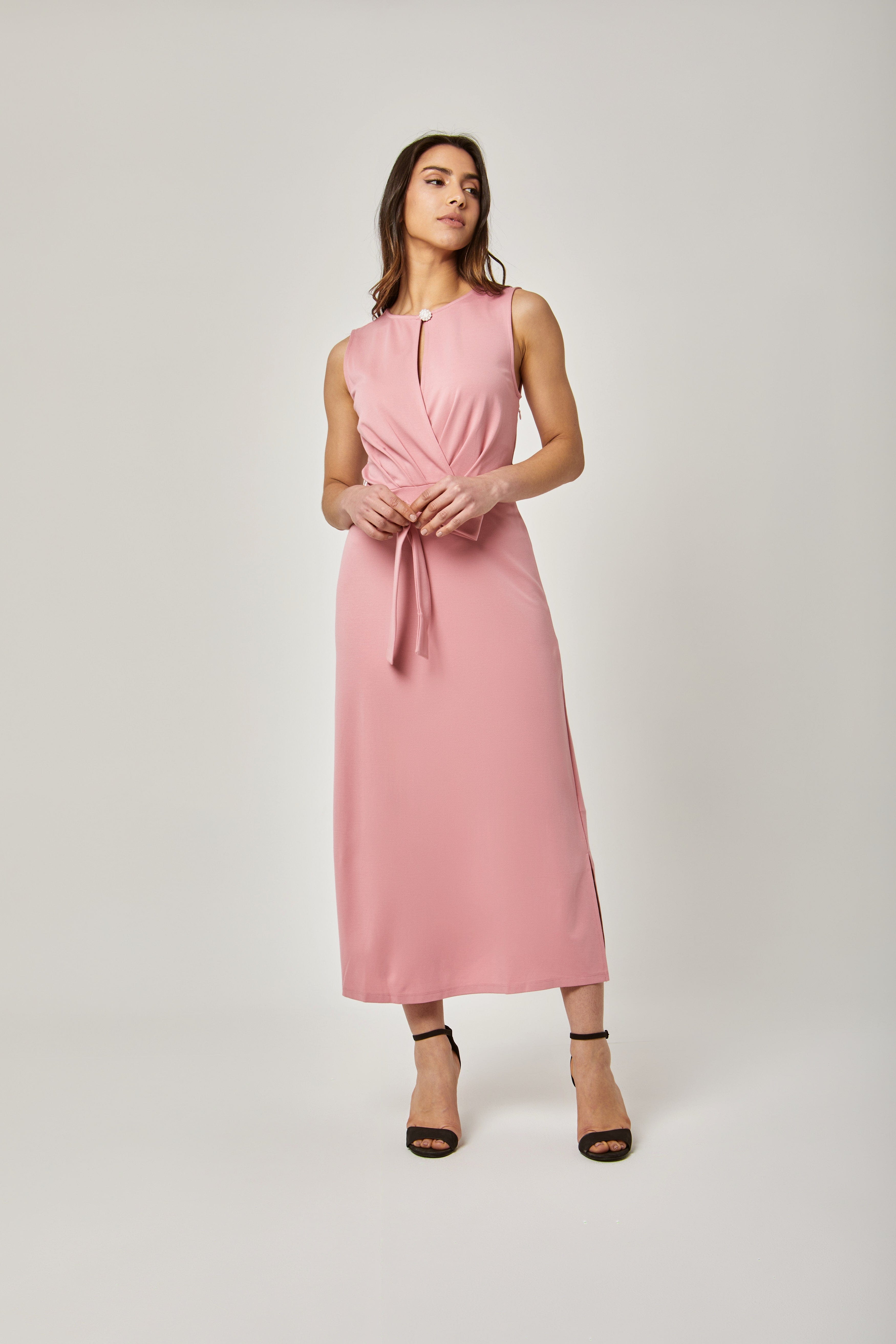 داليدرس فستان كت ميدي سادة مفتوح من الأمام برباط نسائي وردي فاتح