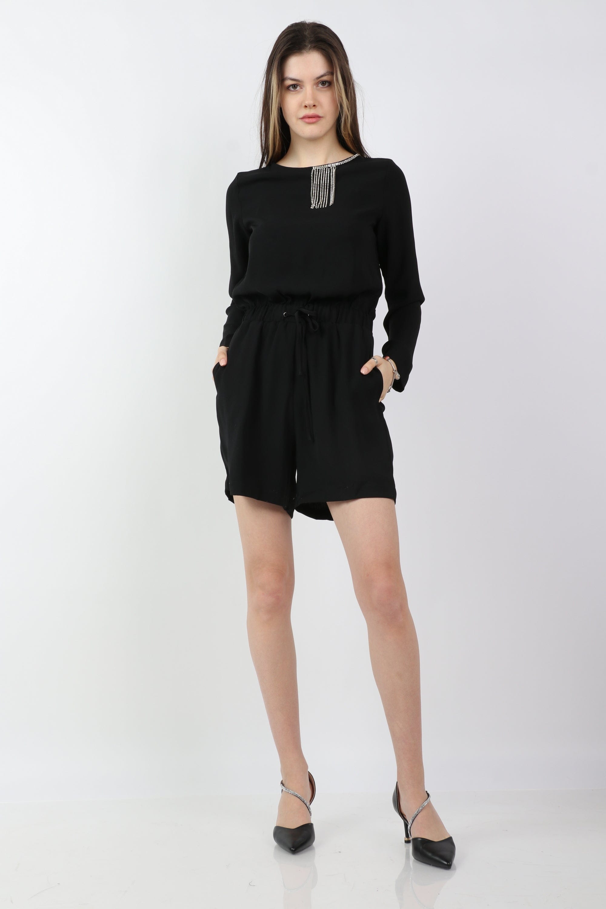 داليدرس جمبسوت مخصر قصير كم طويل نسائي أسود