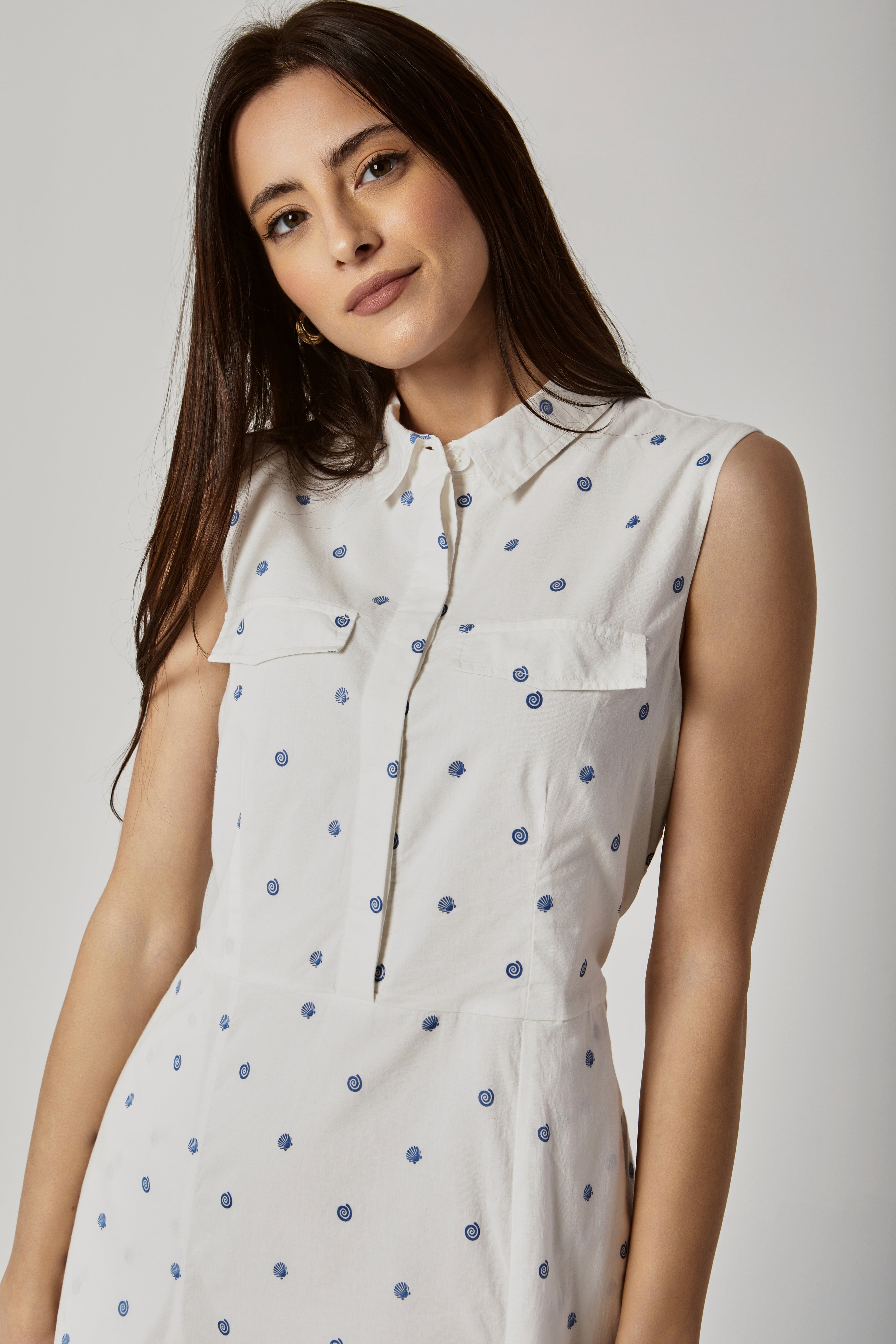 داليدرس فستان منقط كت بجيوب أمامية نسائي أبيض