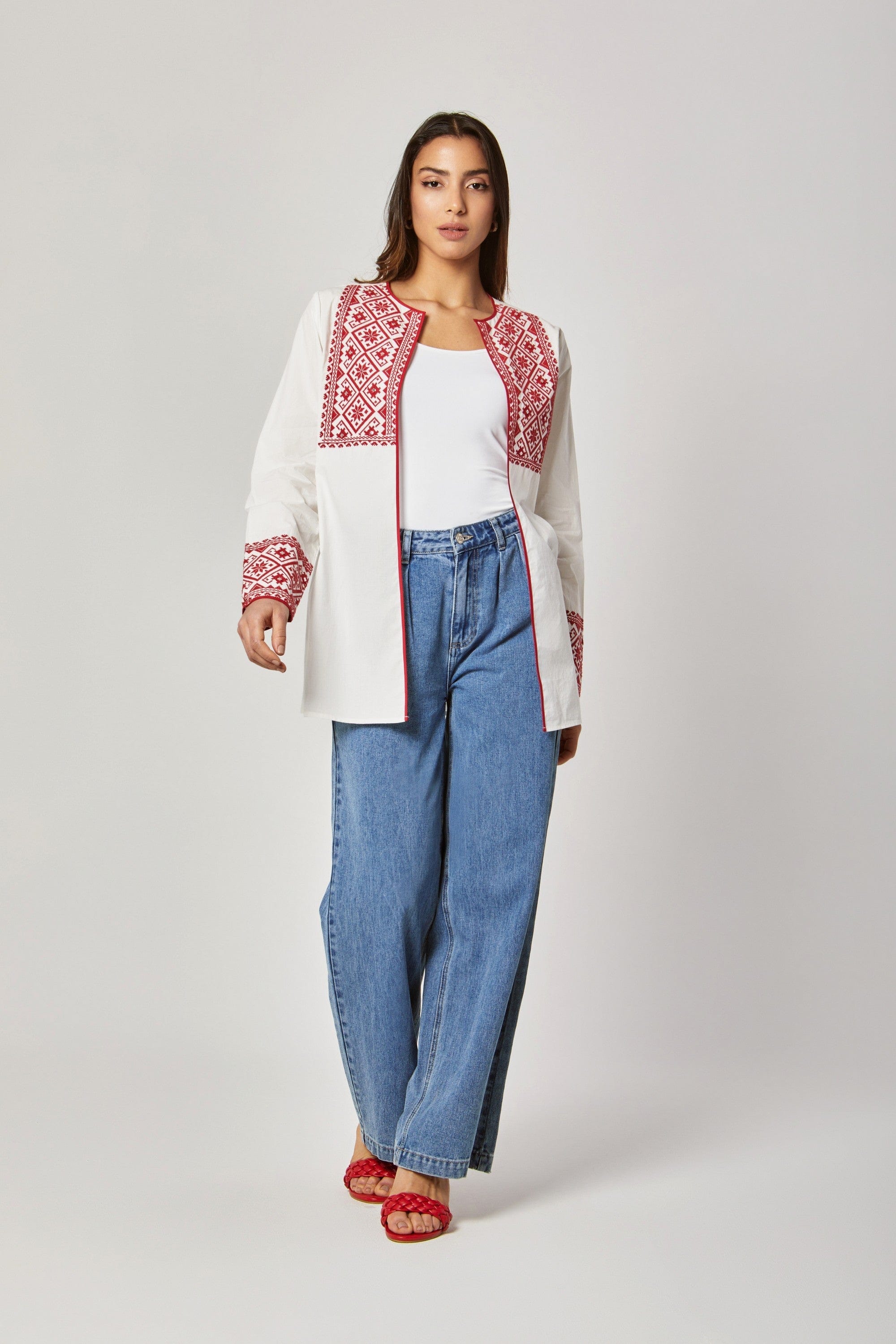 داليدرس قفطان كم طويل منقوش نسائي أبيض/أحمر