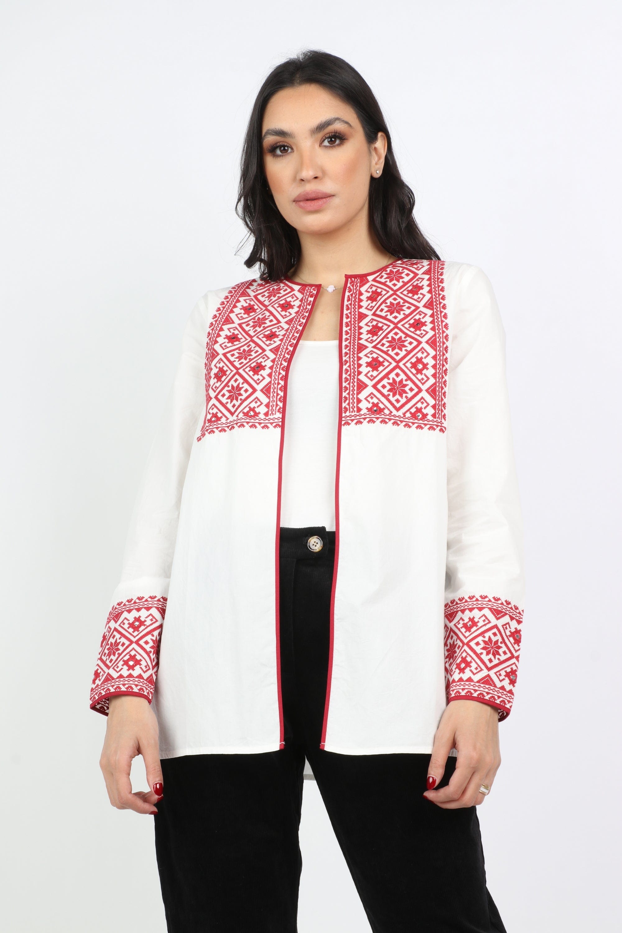 داليدرس قفطان كم طويل منقوش نسائي أبيض/أحمر