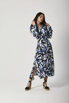 داليدرس فستان ميدي مشجر مفتوح من الجنب بأزرار أمامية كم طويل أزرق داكن