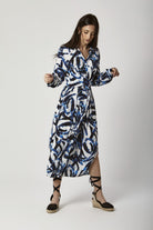 داليدرس فستان ميدي مشجر مفتوح من الجنب بأزرار أمامية كم طويل أزرق داكن