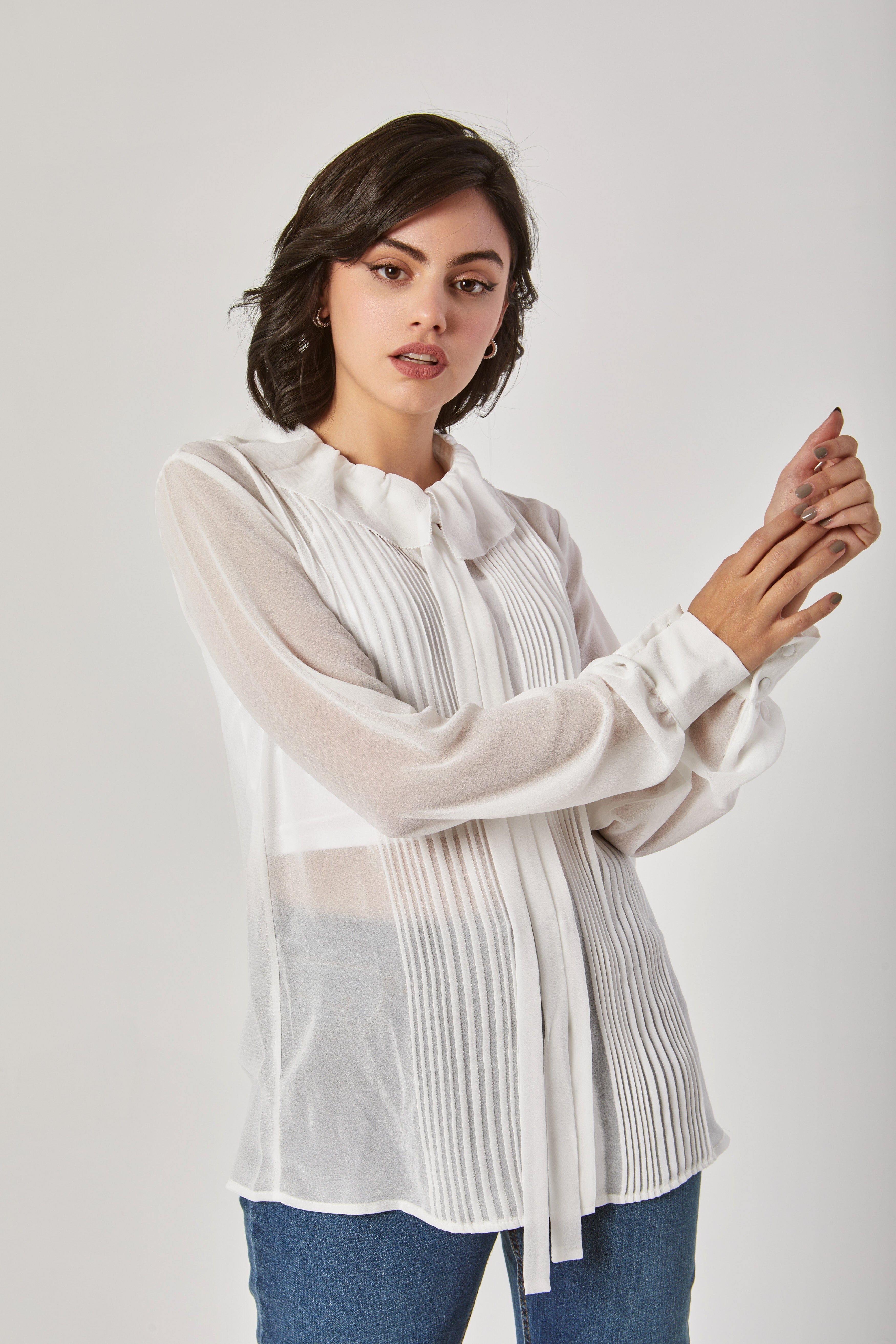 داليدرس بلوزة سادة بكسرات كم طويل بربطة عنق نسائي رملي