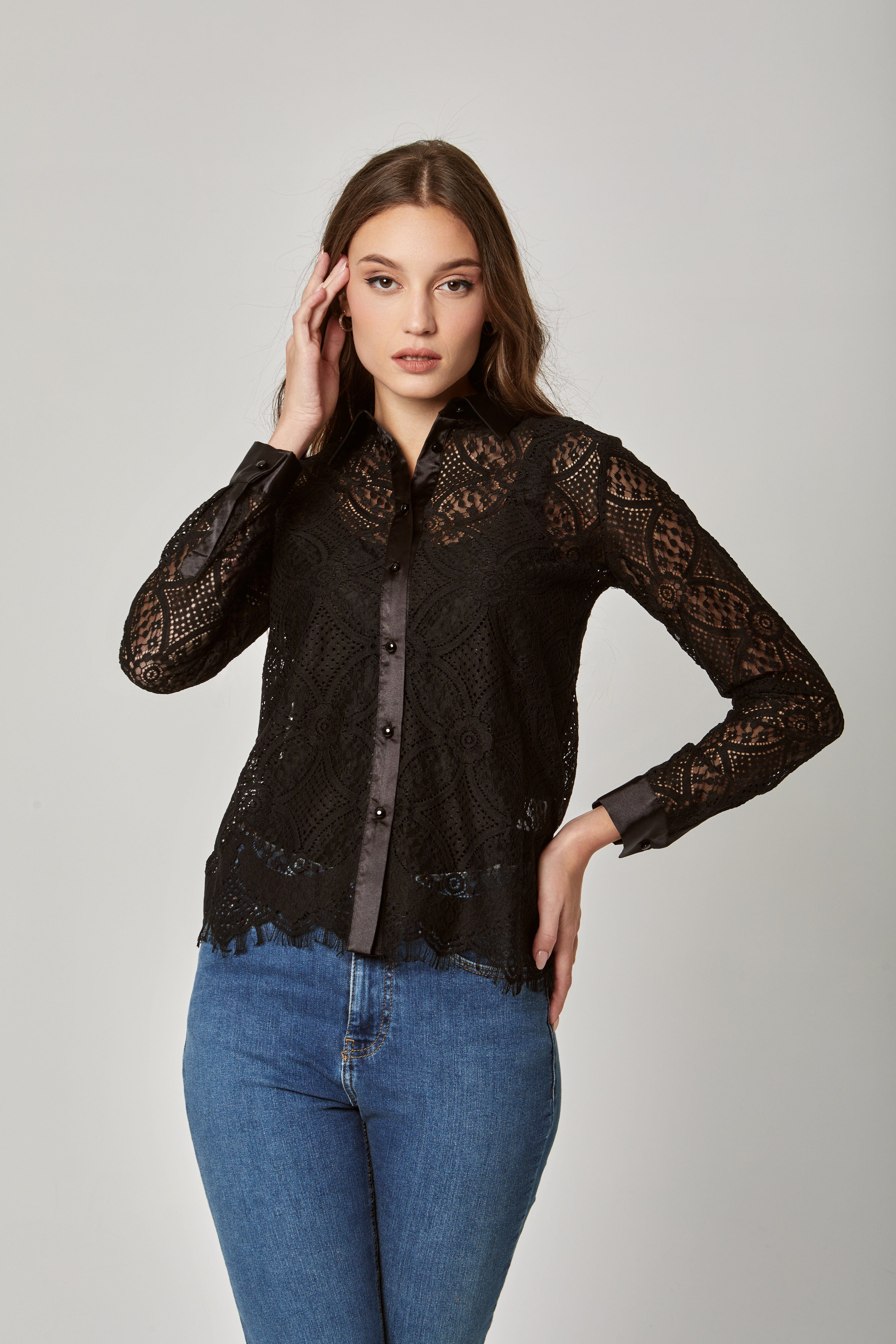 داليدرس بلوزة دانتيل بأزرار أمامية لامعة نسائي