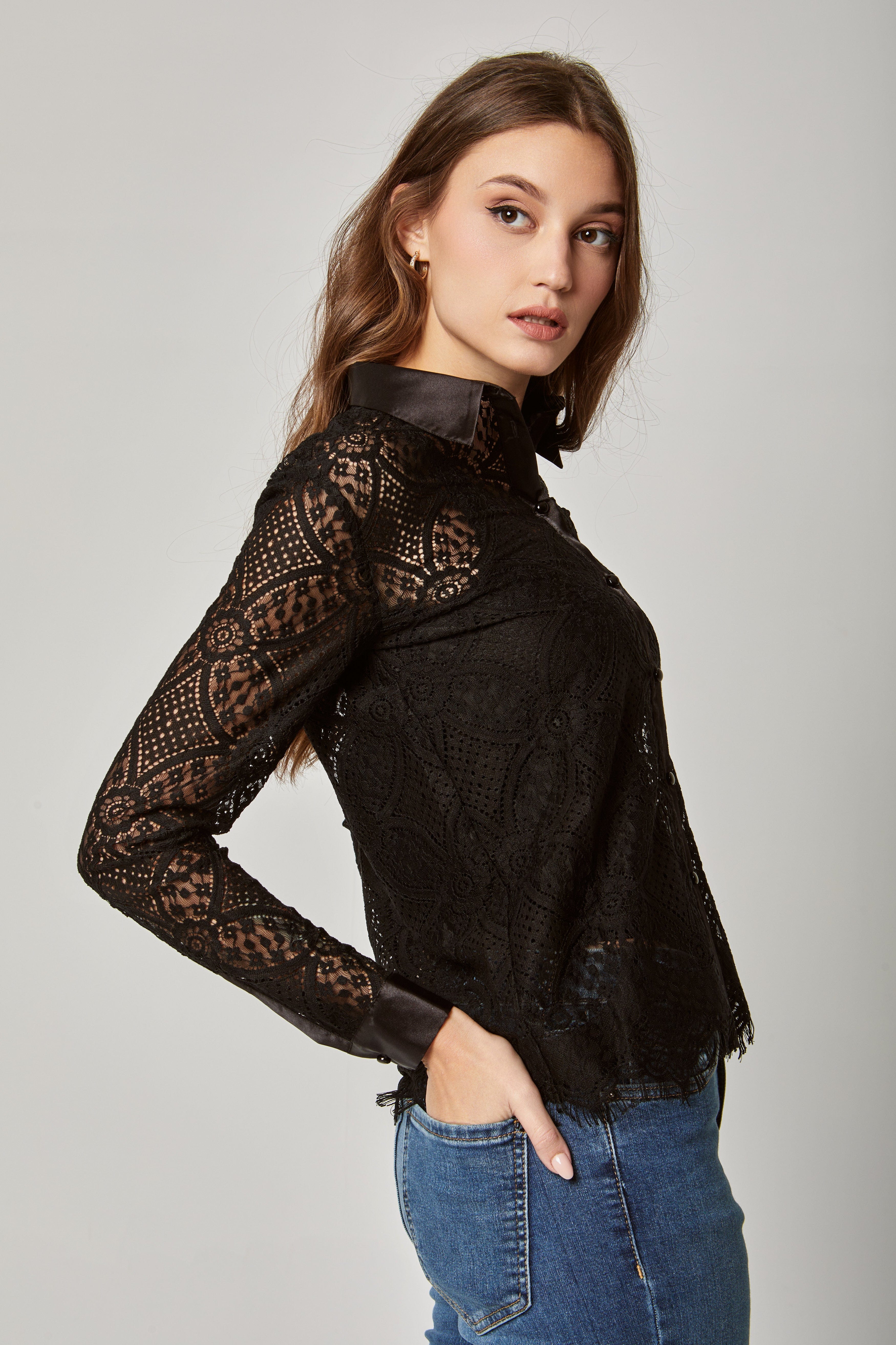 داليدرس بلوزة دانتيل بأزرار أمامية لامعة نسائي