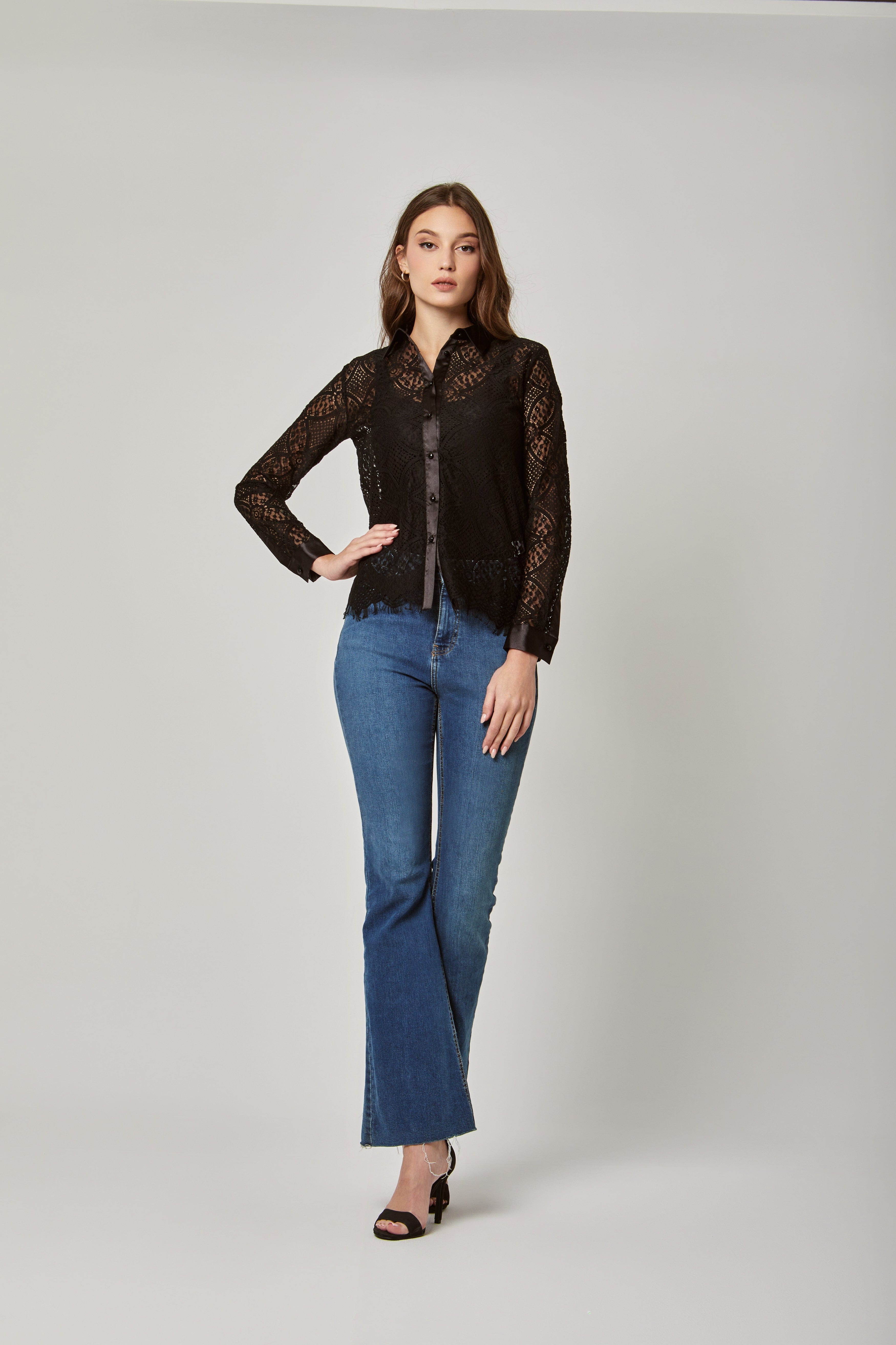 داليدرس بلوزة دانتيل بأزرار أمامية لامعة نسائي