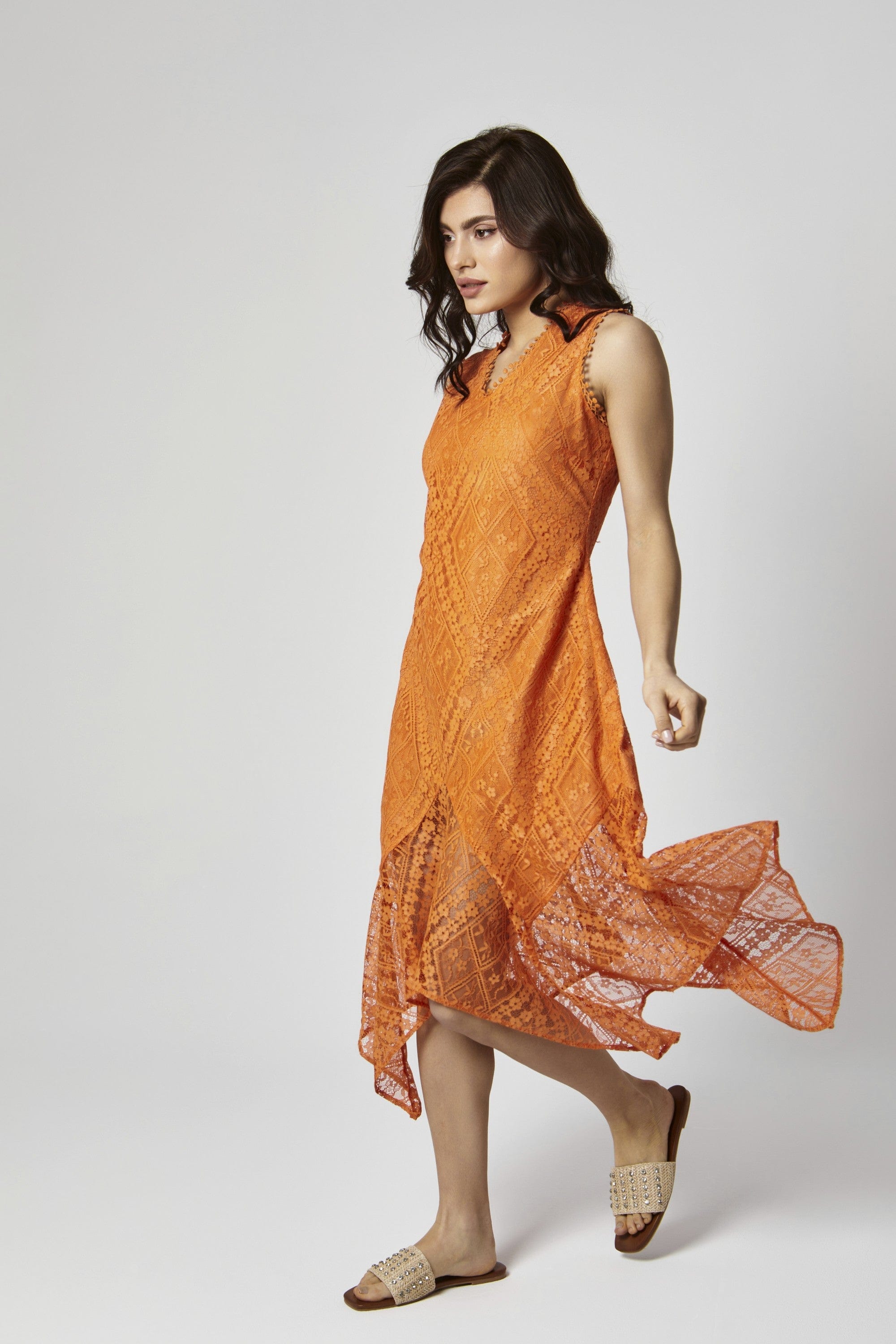 داليدرس فستان ميدي دانتيل مبطن كت نسائي برتقالي