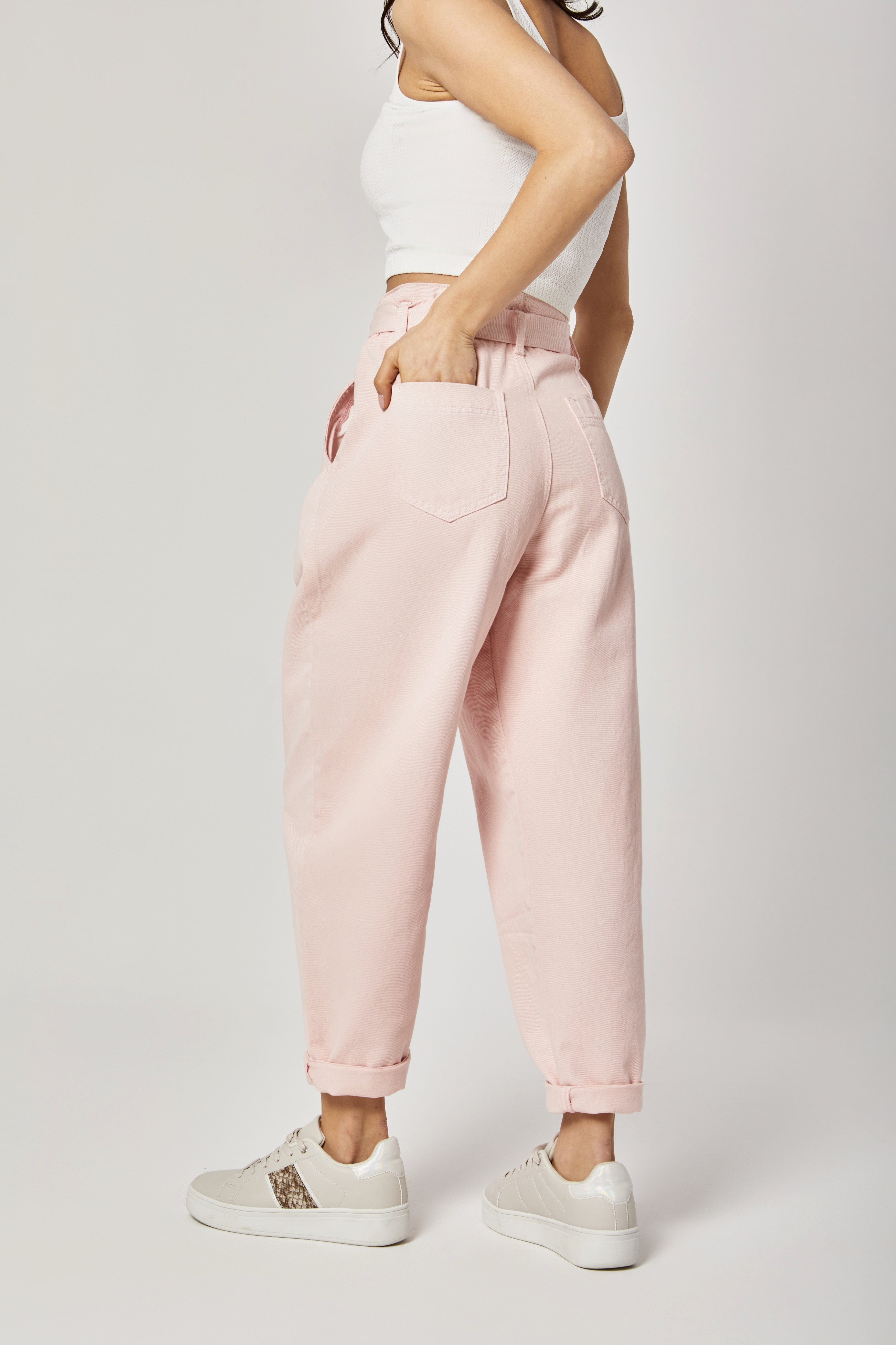 داليدرس بنطلون سادة واسع خصر مرتفع بربطة خصر نسائي وردي