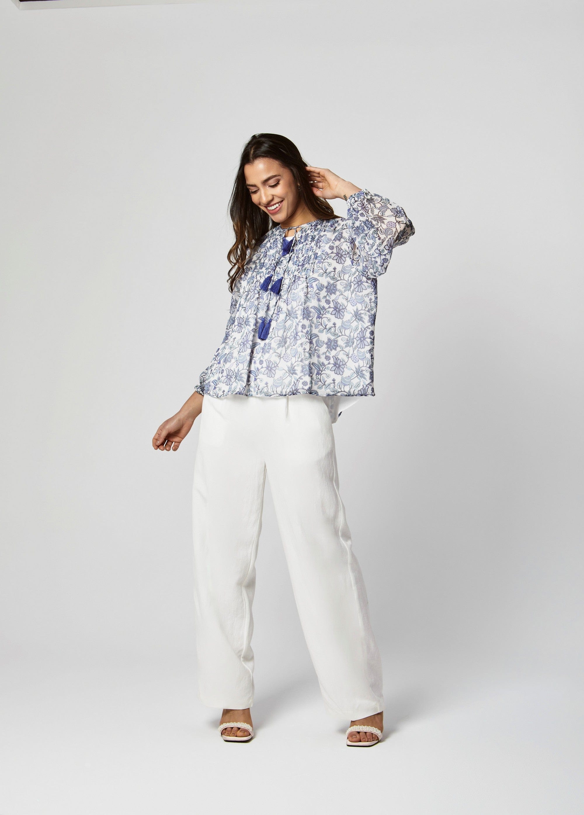 داليدرس بلوزة نسائية مشجرة بأكمام طويلة أزرق