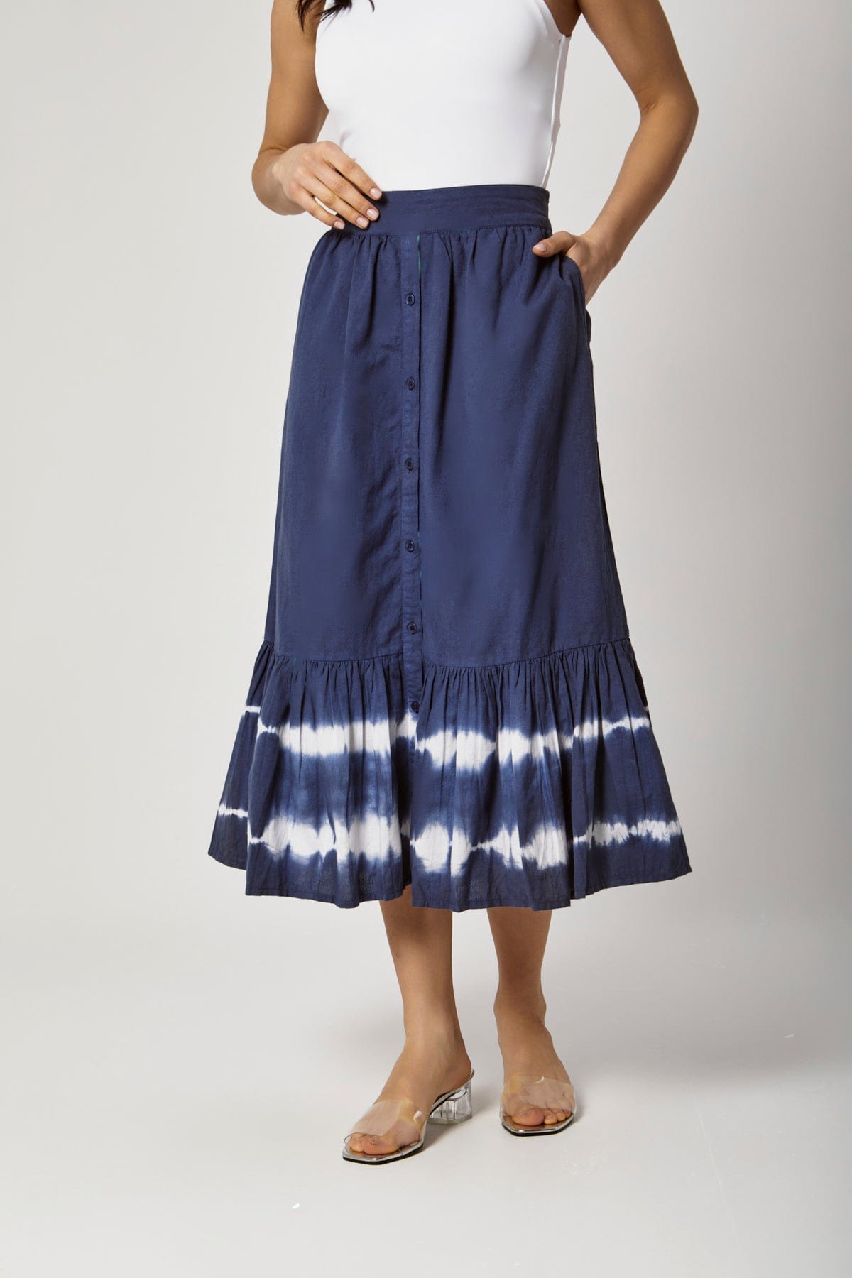 داليدرس جيبه ميدي نسائية خصر مزموم بأزرار أمامية أزرق