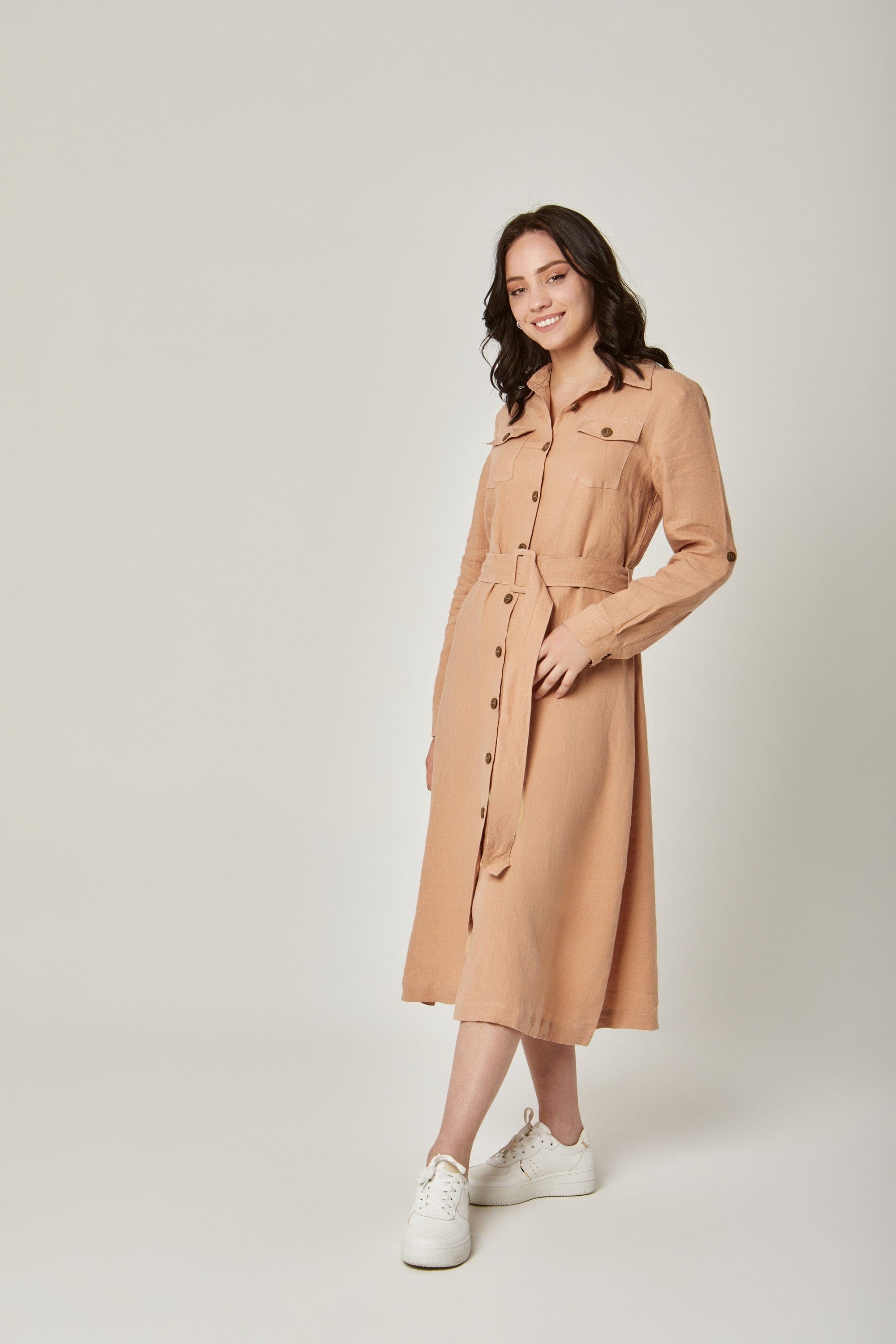 داليدرس فستان ميدي سادة بأزرار أمامية 3/4 كم نسائي لوز