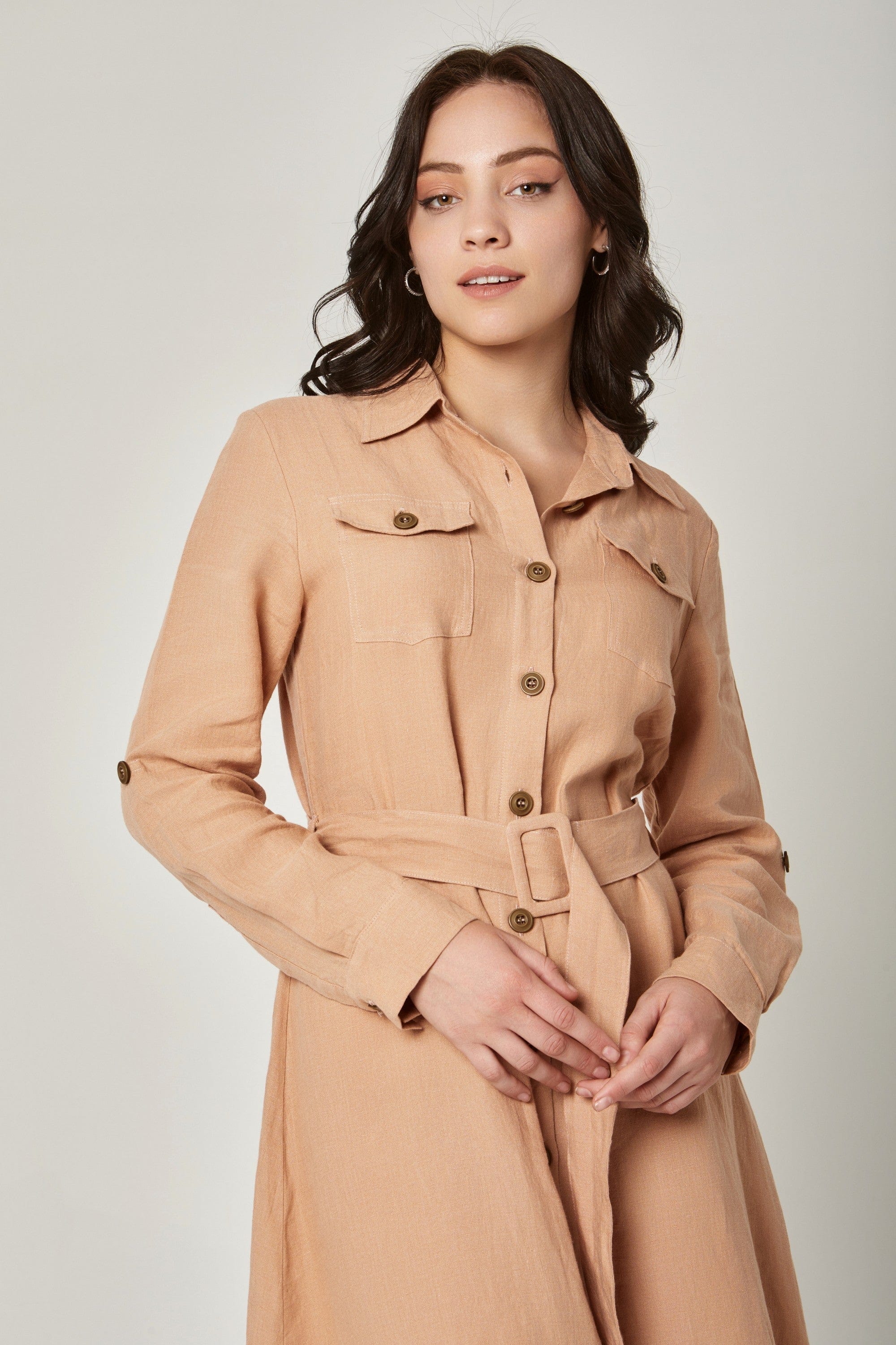 داليدرس فستان ميدي سادة بأزرار أمامية 3/4 كم نسائي لوز